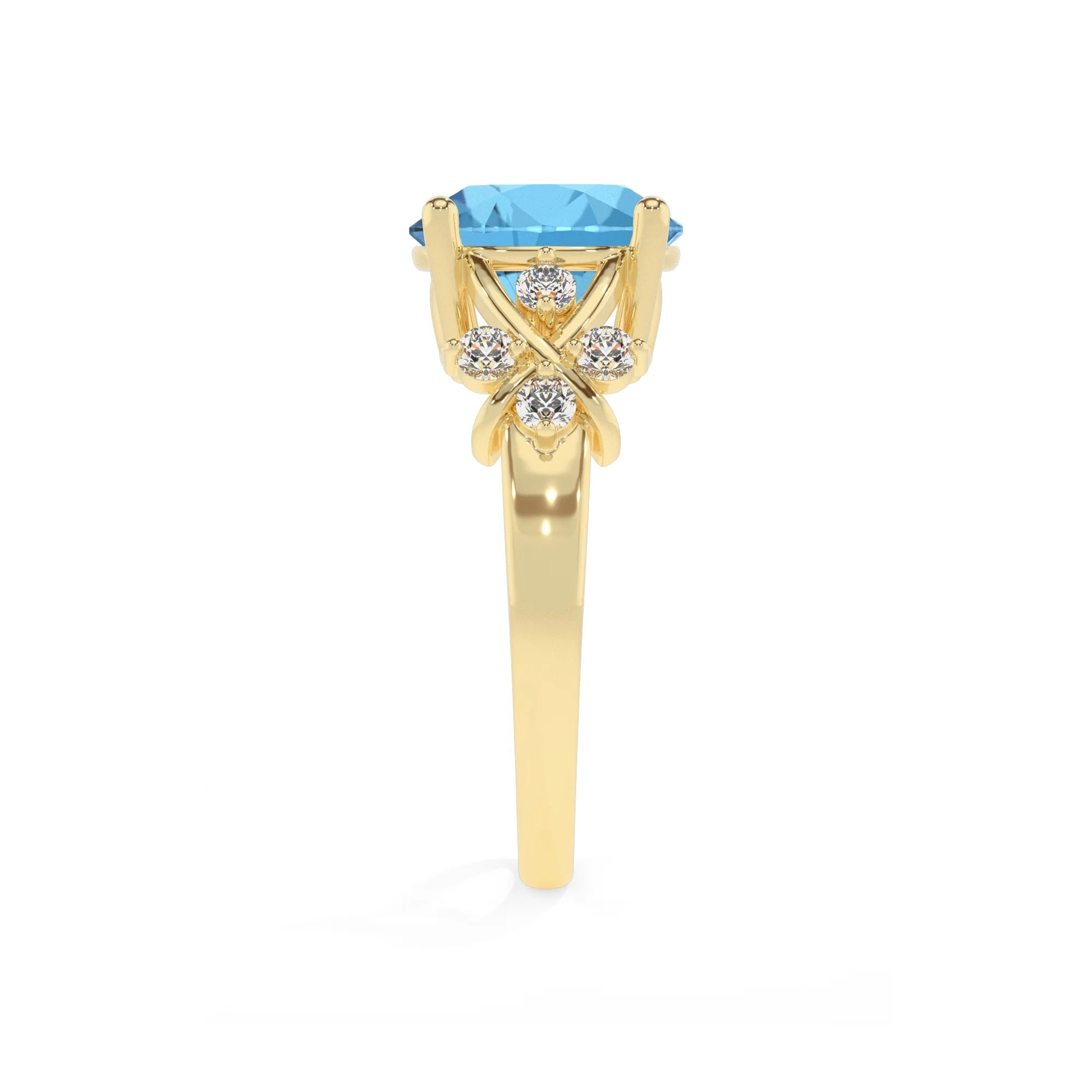 natural swiss-blue-topaz round solitaire rings in yellow gold 