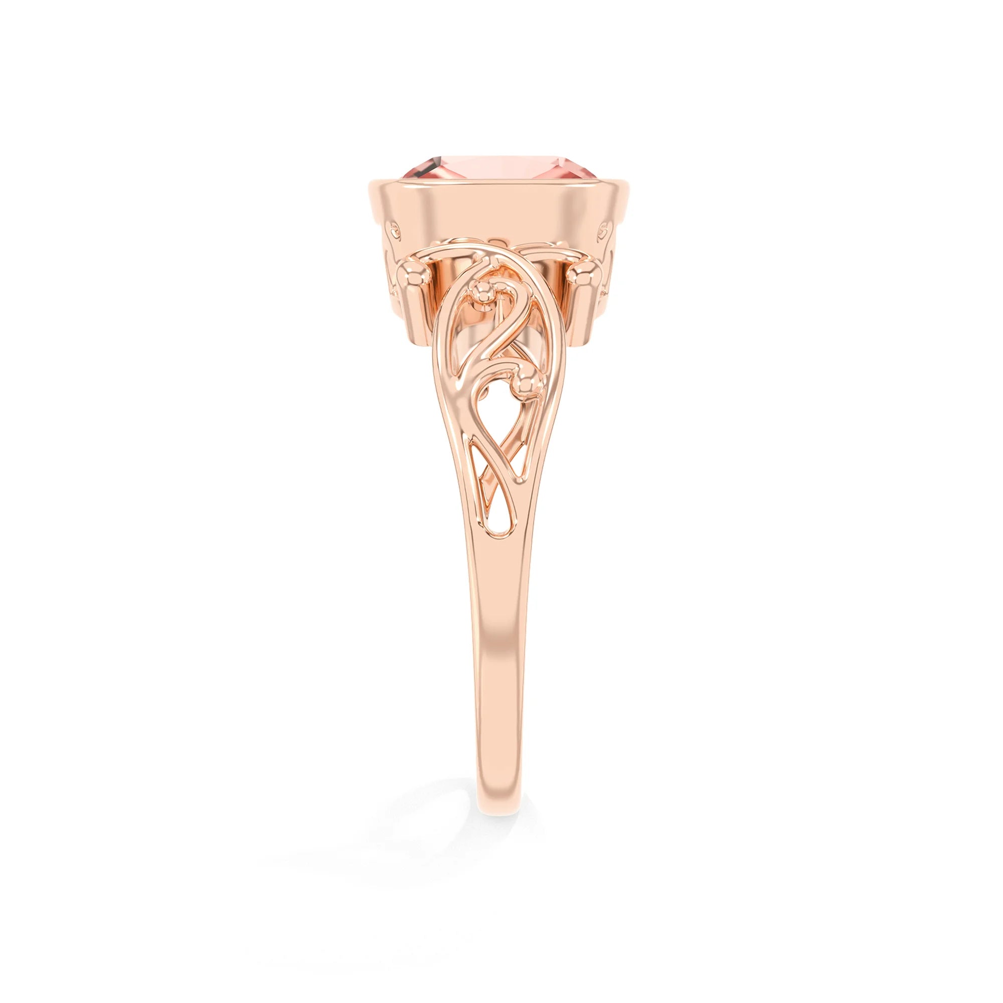 lab grown morganite cushion solitaire rings in rose gold 