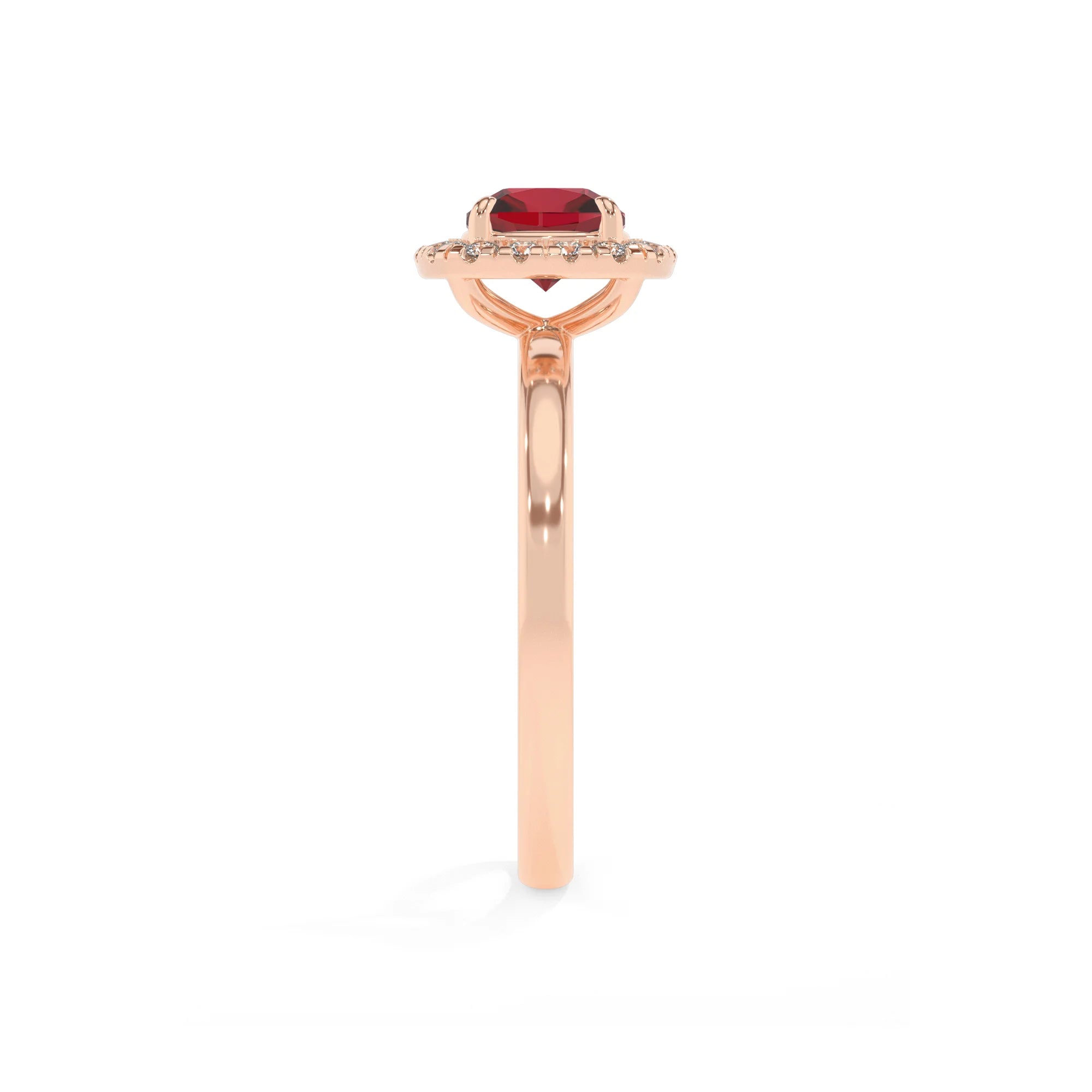 lab grown ruby cushion solitaire rings in rose gold 