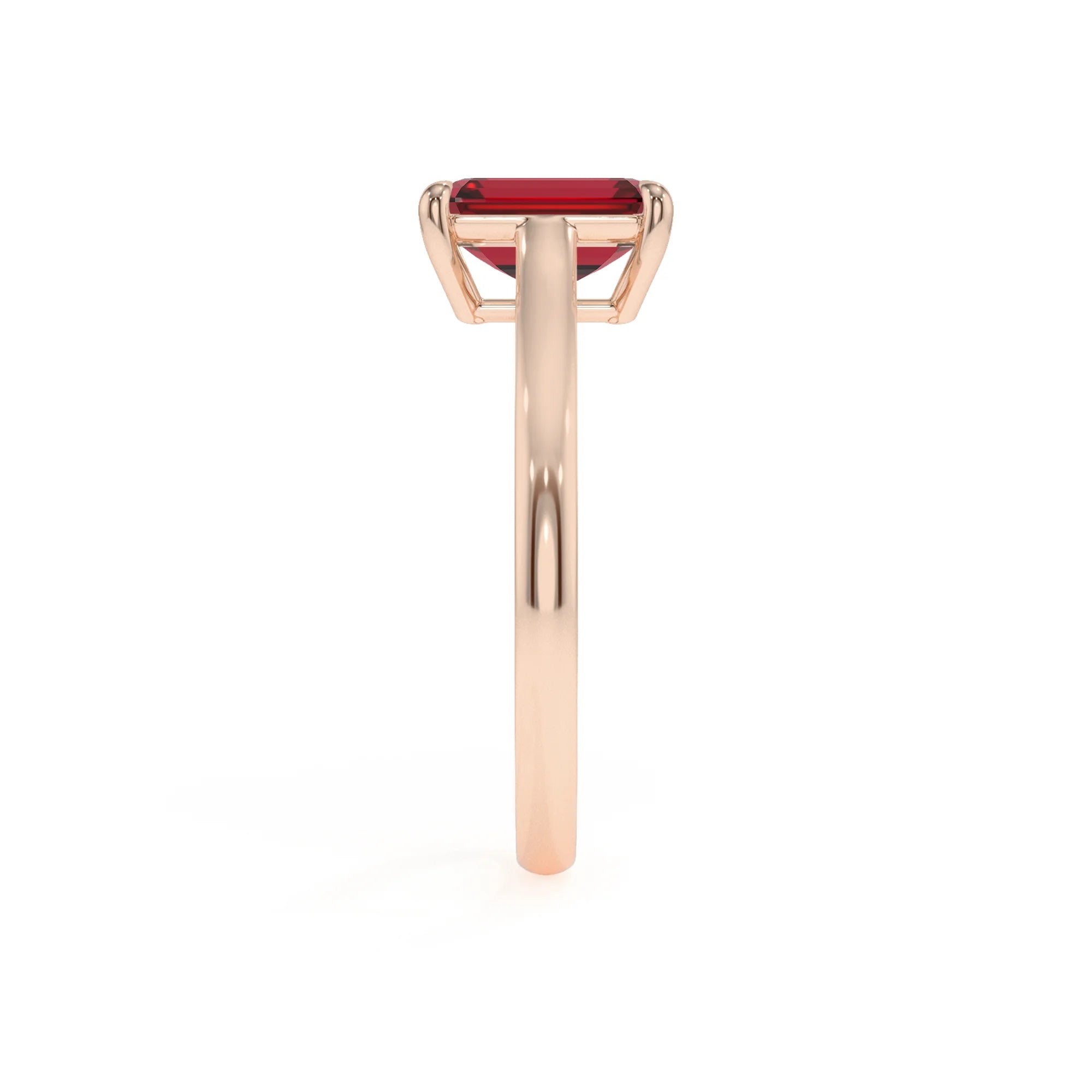 lab grown ruby emerald cut solitaire rings in rose gold 
