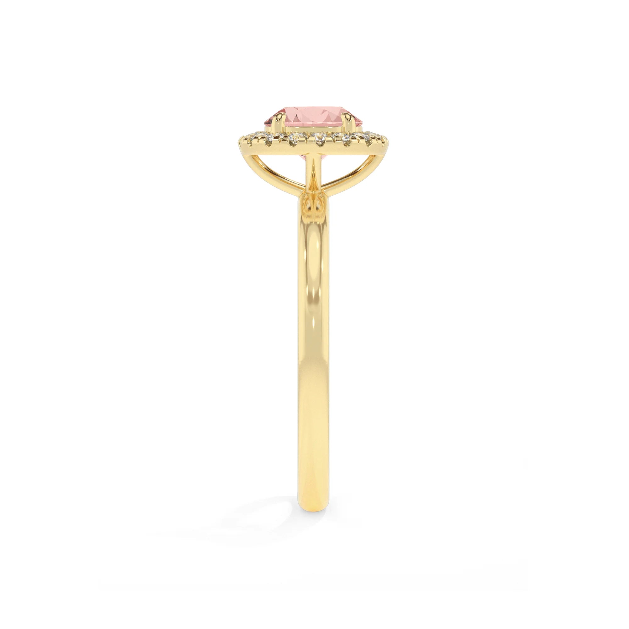 lab grown morganite round solitaire rings in yellow gold 