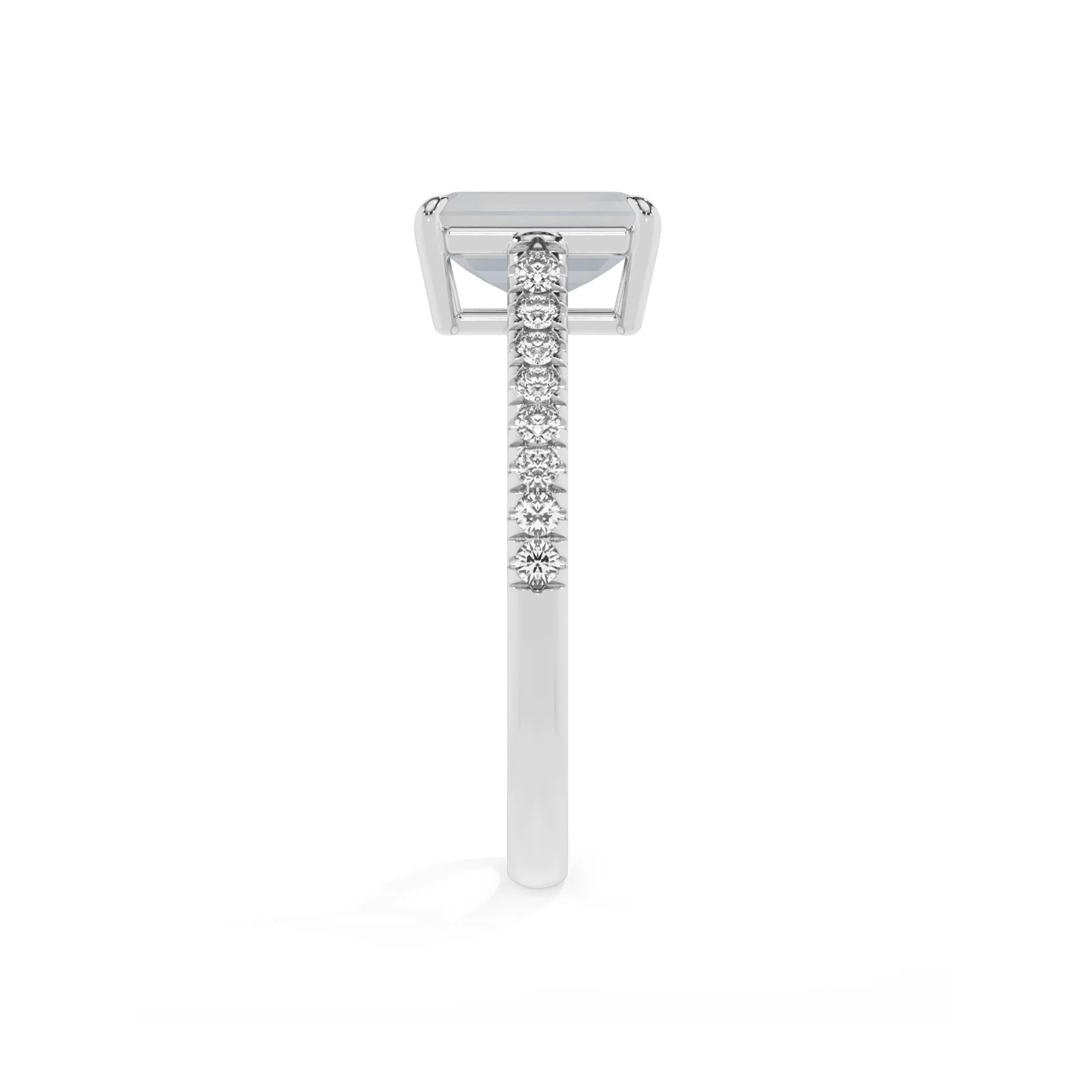 natural rainbow-moonstone emerald cut half eternity solitaire engagement rings in white gold 