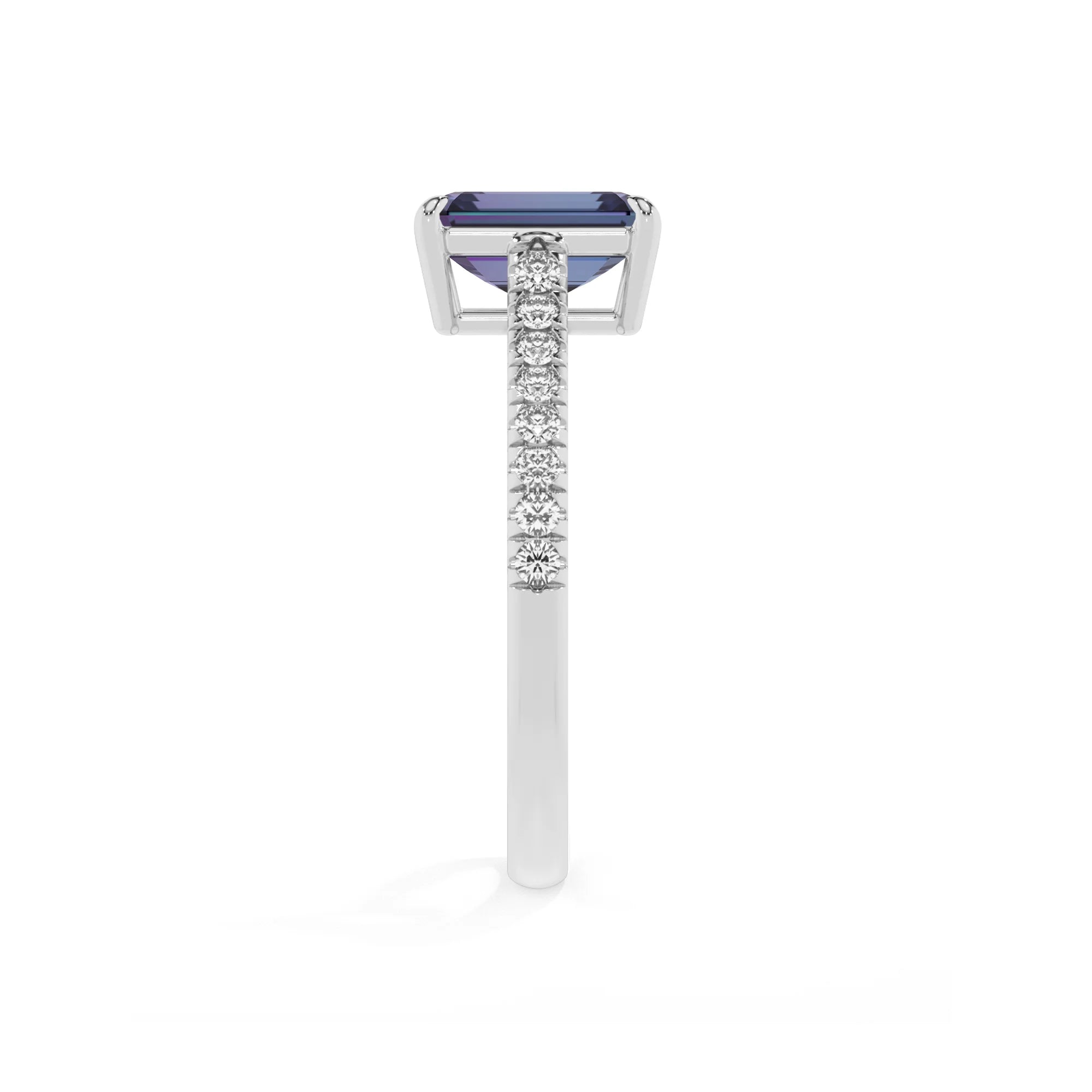 lab grown alexandrite emerald cut half eternity solitaire engagement rings in white gold 