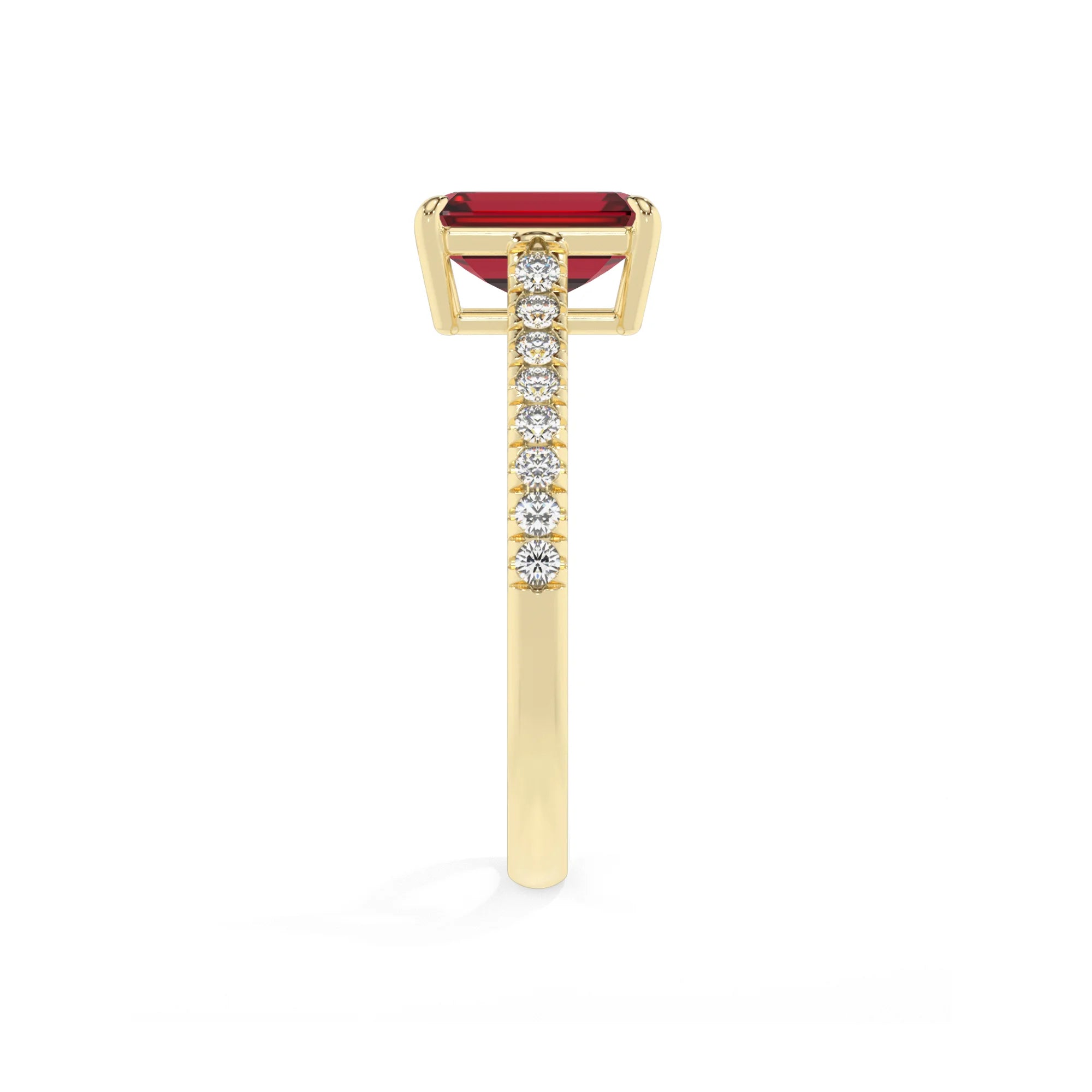 lab grown ruby emerald cut half eternity solitaire engagement rings in yellow gold 