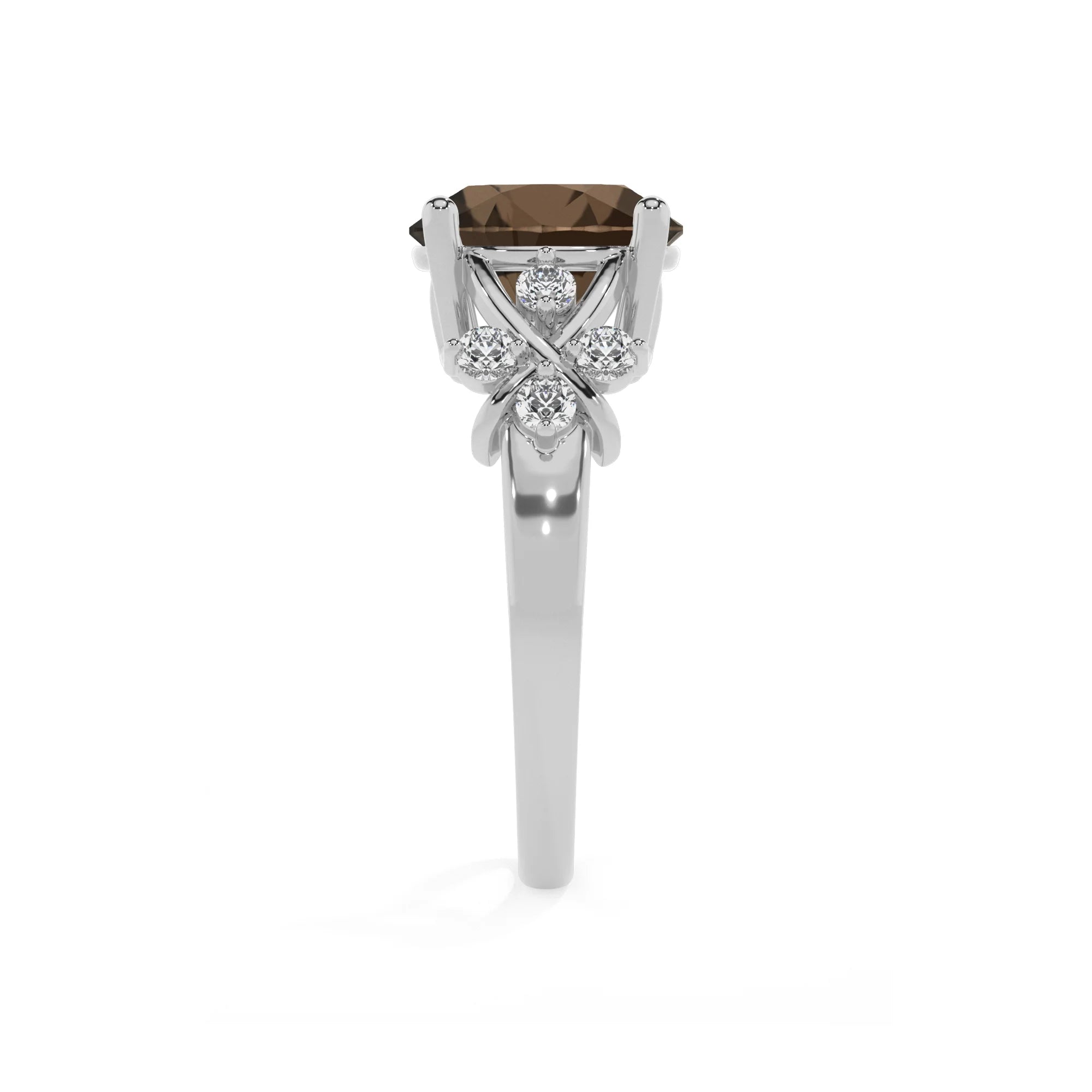 natural smoky-quartz round solitaire rings in white gold 
