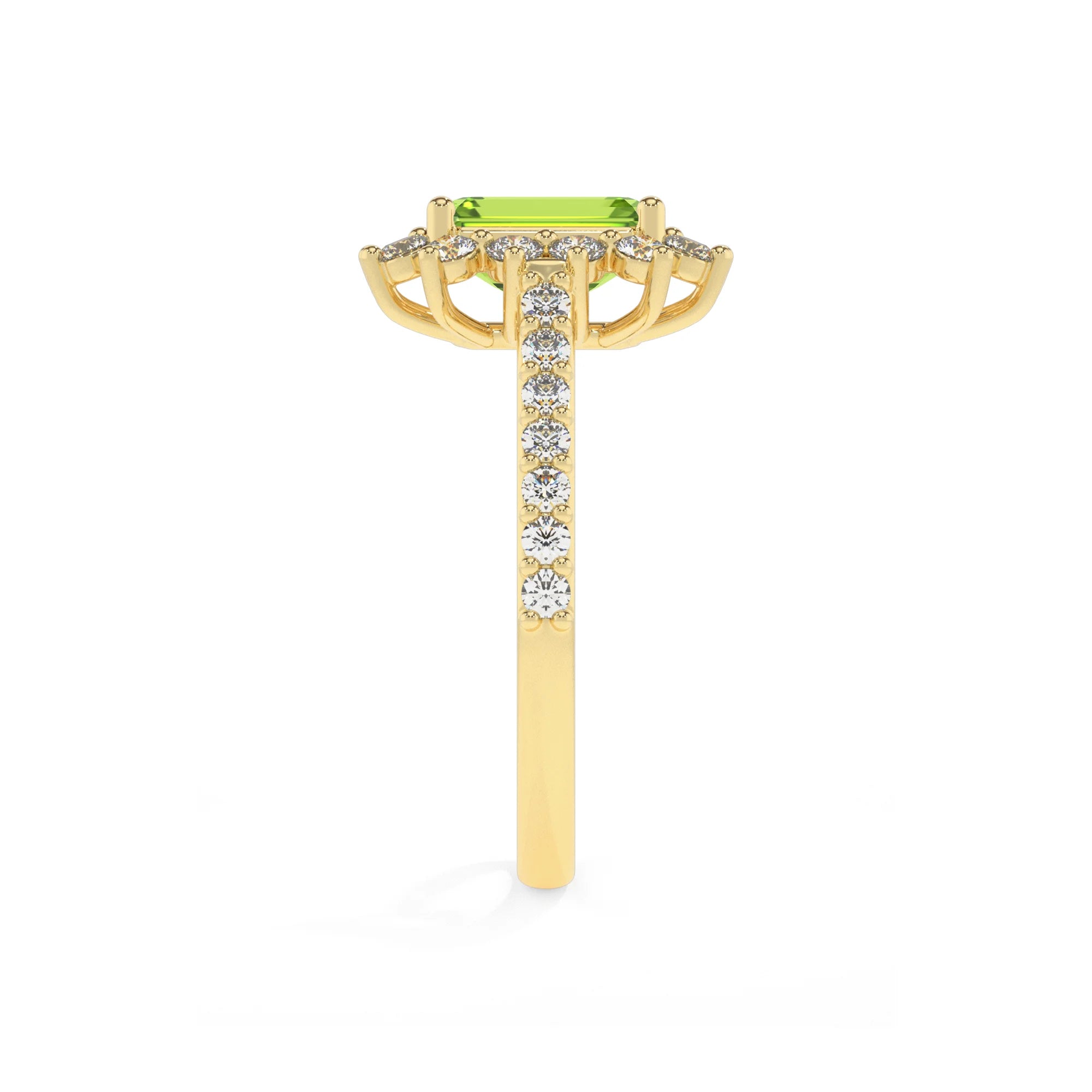 natural peridot emerald cut solitaire rings in yellow gold 