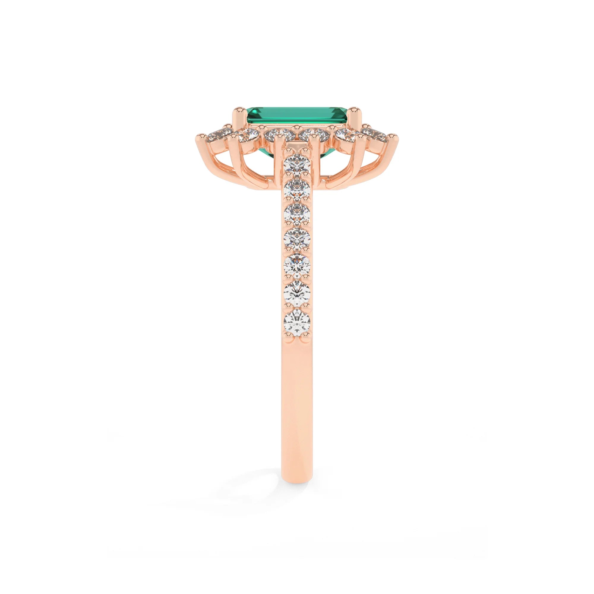 lab grown emerald octogon cut solitaire rings in rose gold 