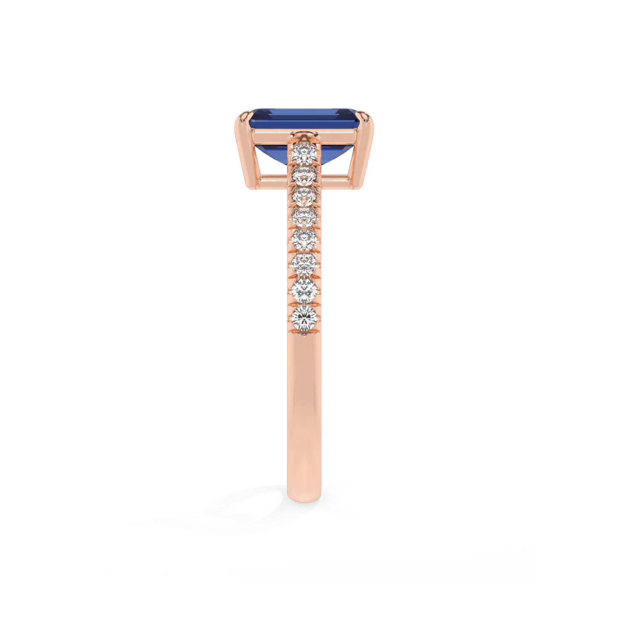 lab grown blue-sapphire emerald cut half eternity solitaire engagement rings in rose gold 