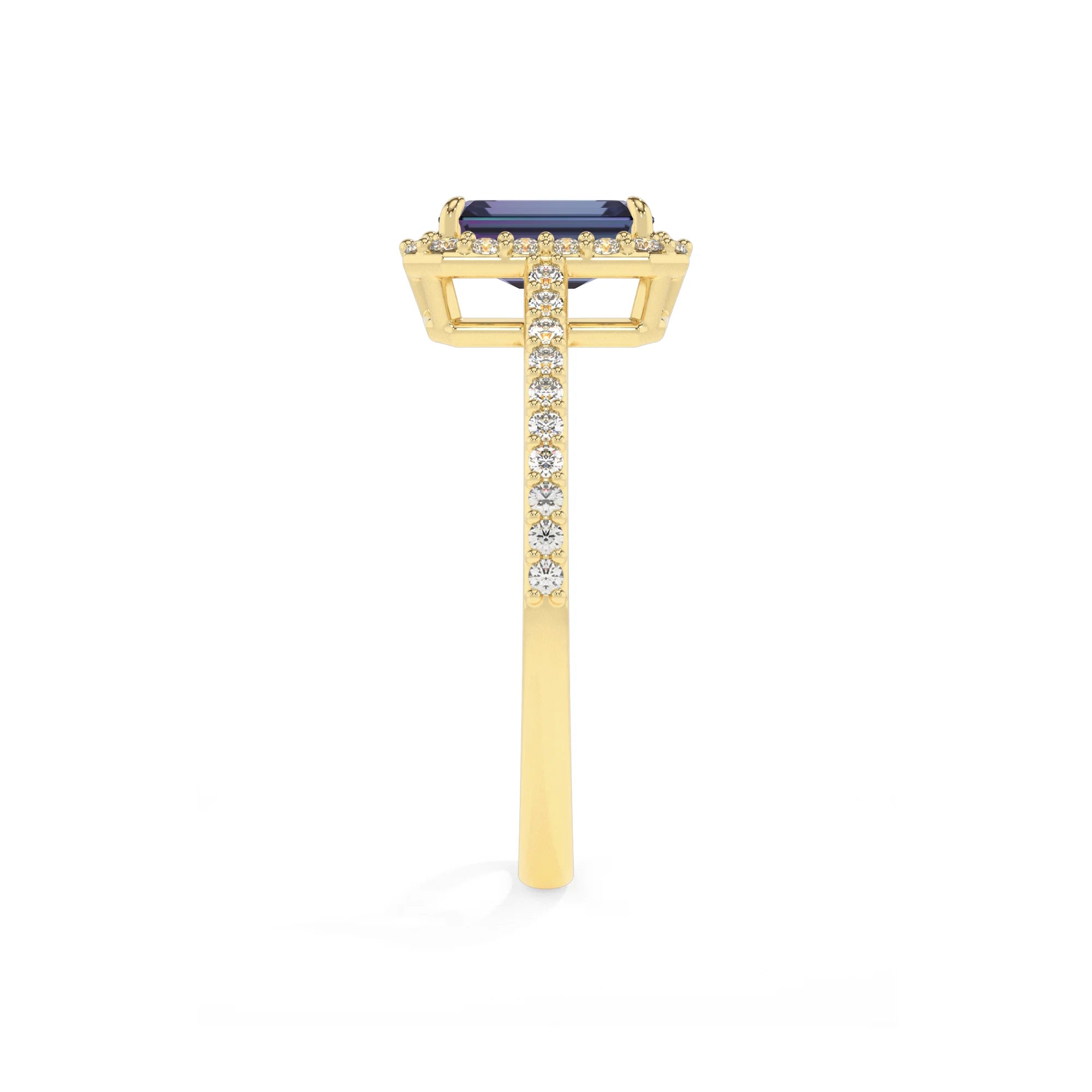lab grown alexandrite emerald cut solitaire rings in yellow gold 