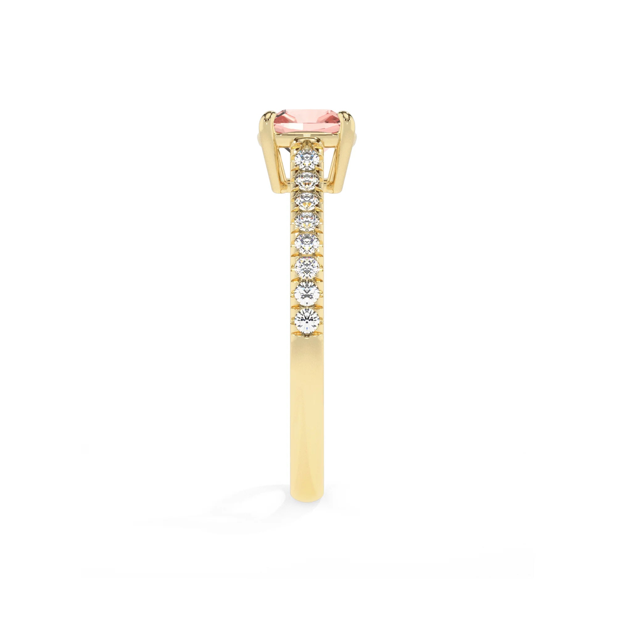 lab grown morganite cushion half eternity solitaire engagement rings in yellow gold 