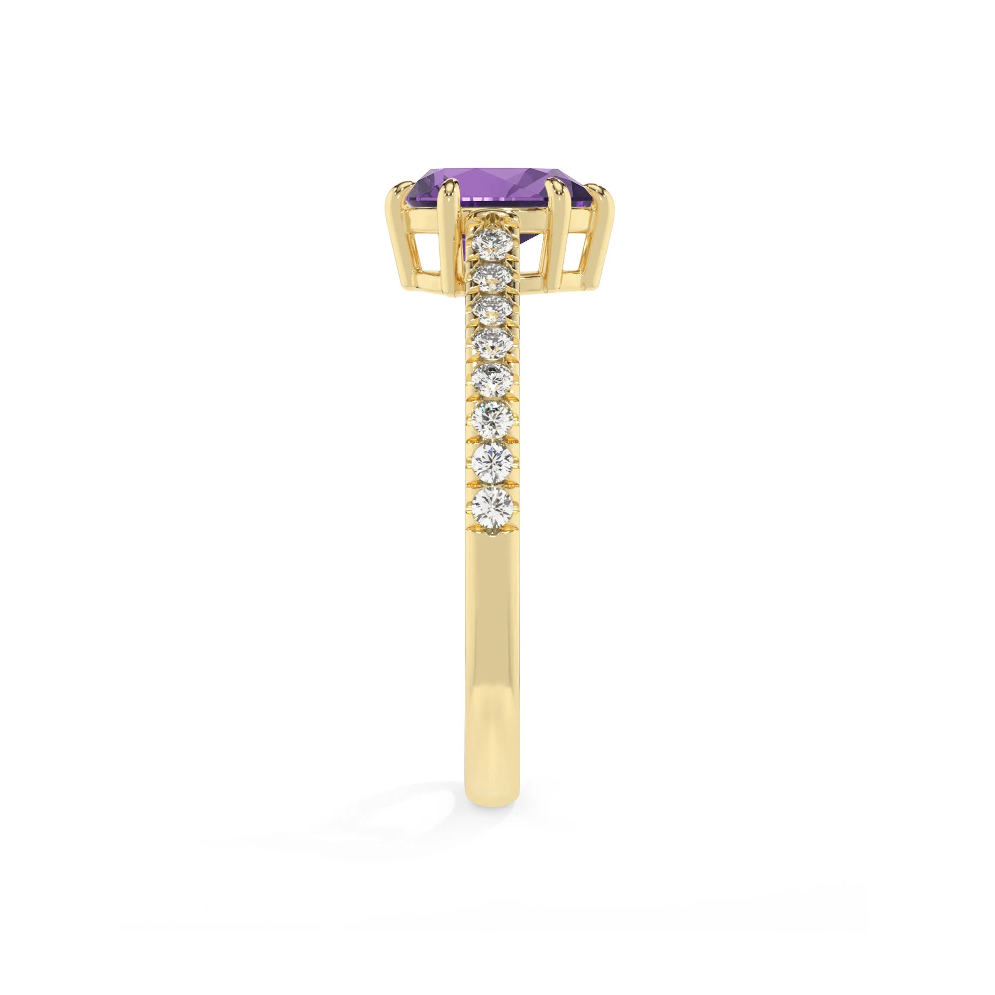 lab grown amethyst pear half eternity solitaire engagement rings in yellow gold 