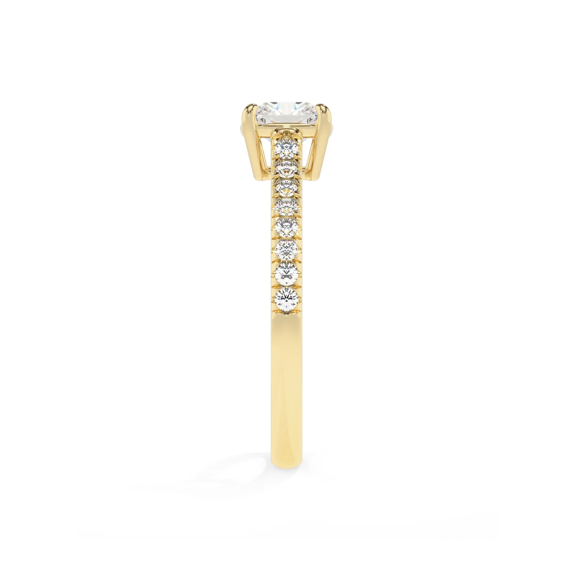 lab grown moissanite cushion half eternity solitaire engagement rings in yellow gold 