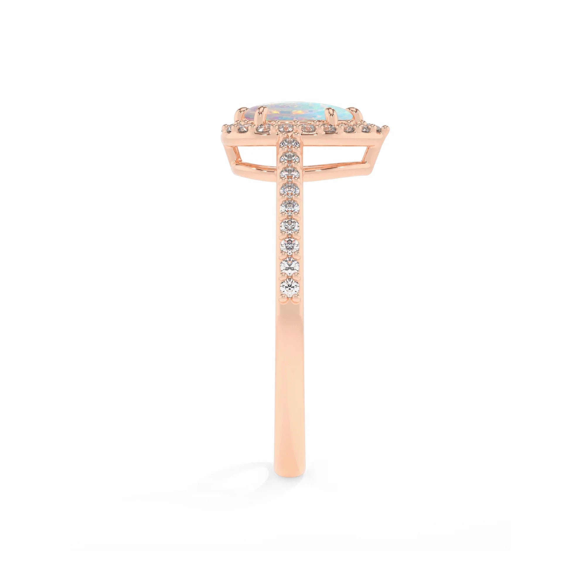 lab grown opal pear solitaire rings in rose gold 