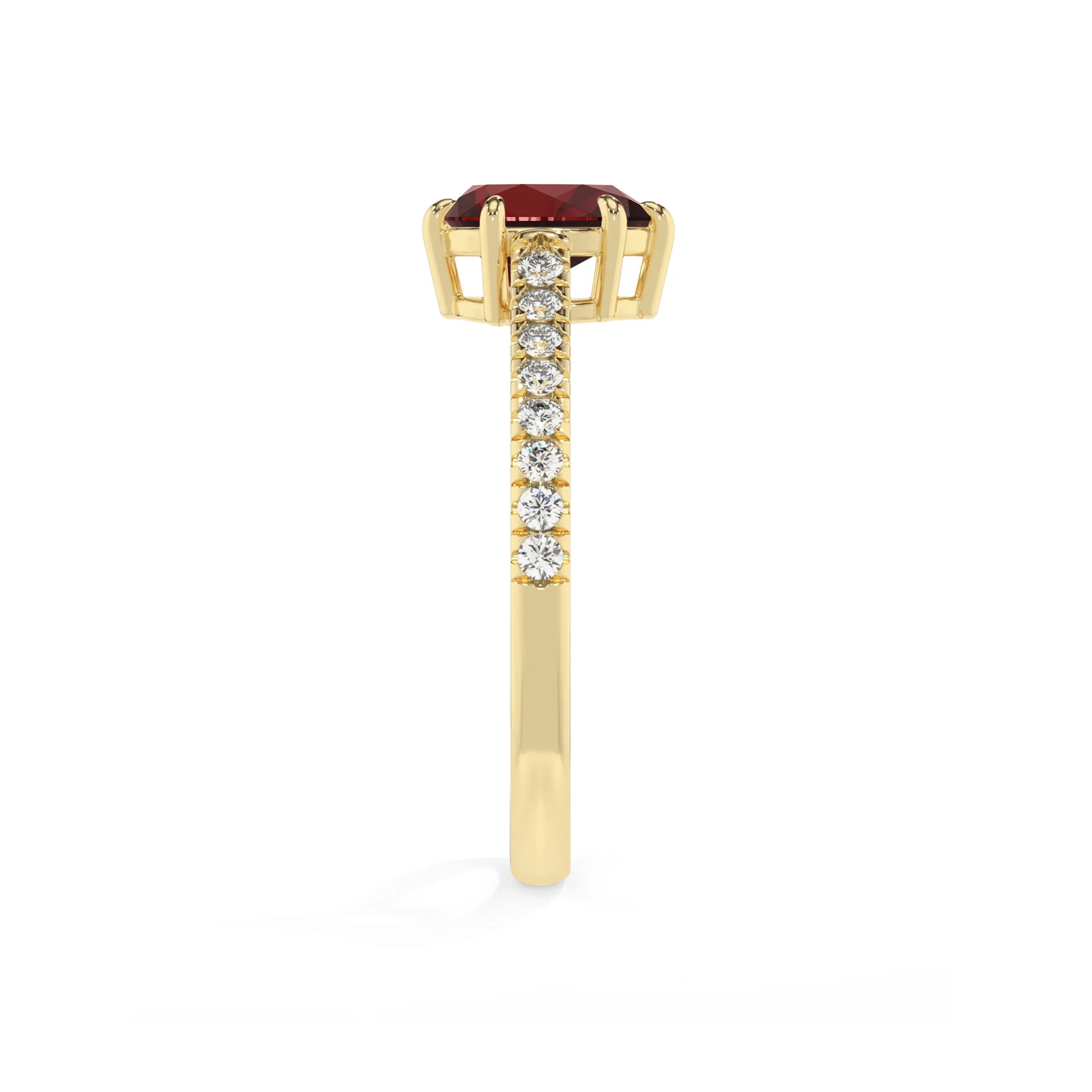 natural garnet pear half eternity solitaire engagement rings in yellow gold 