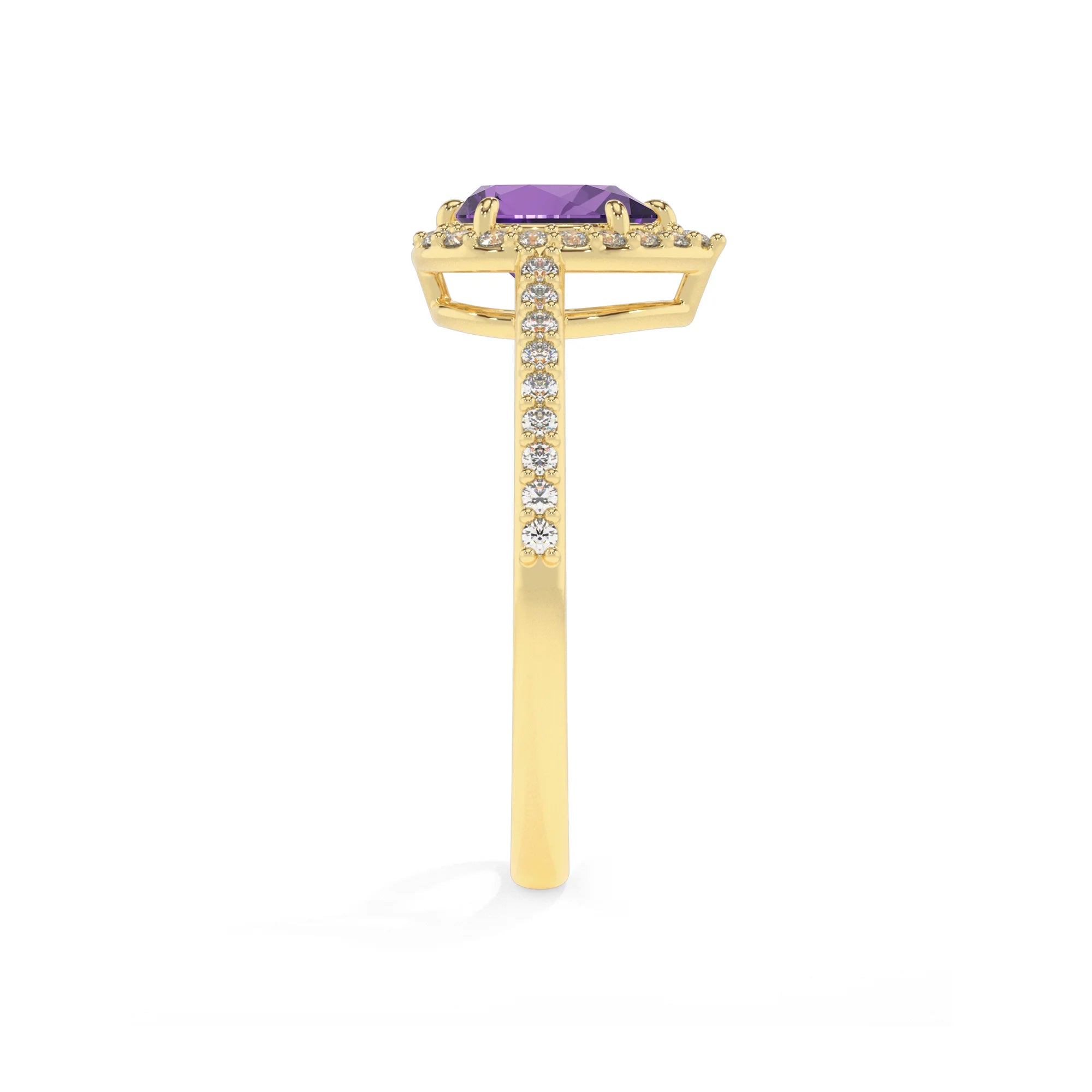 lab grown amethyst pear solitaire rings in yellow gold 