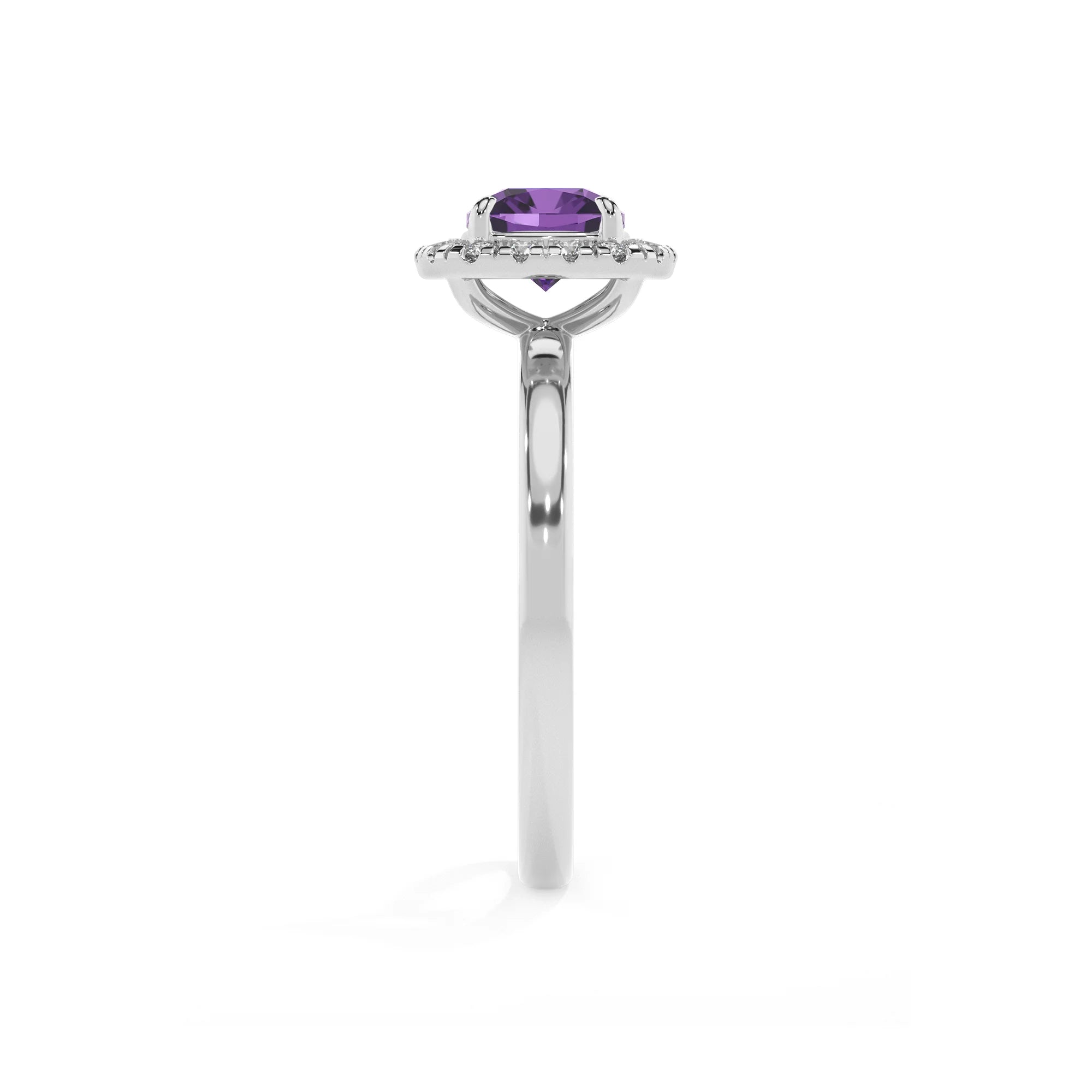 lab grown amethyst cushion solitaire rings in white gold 