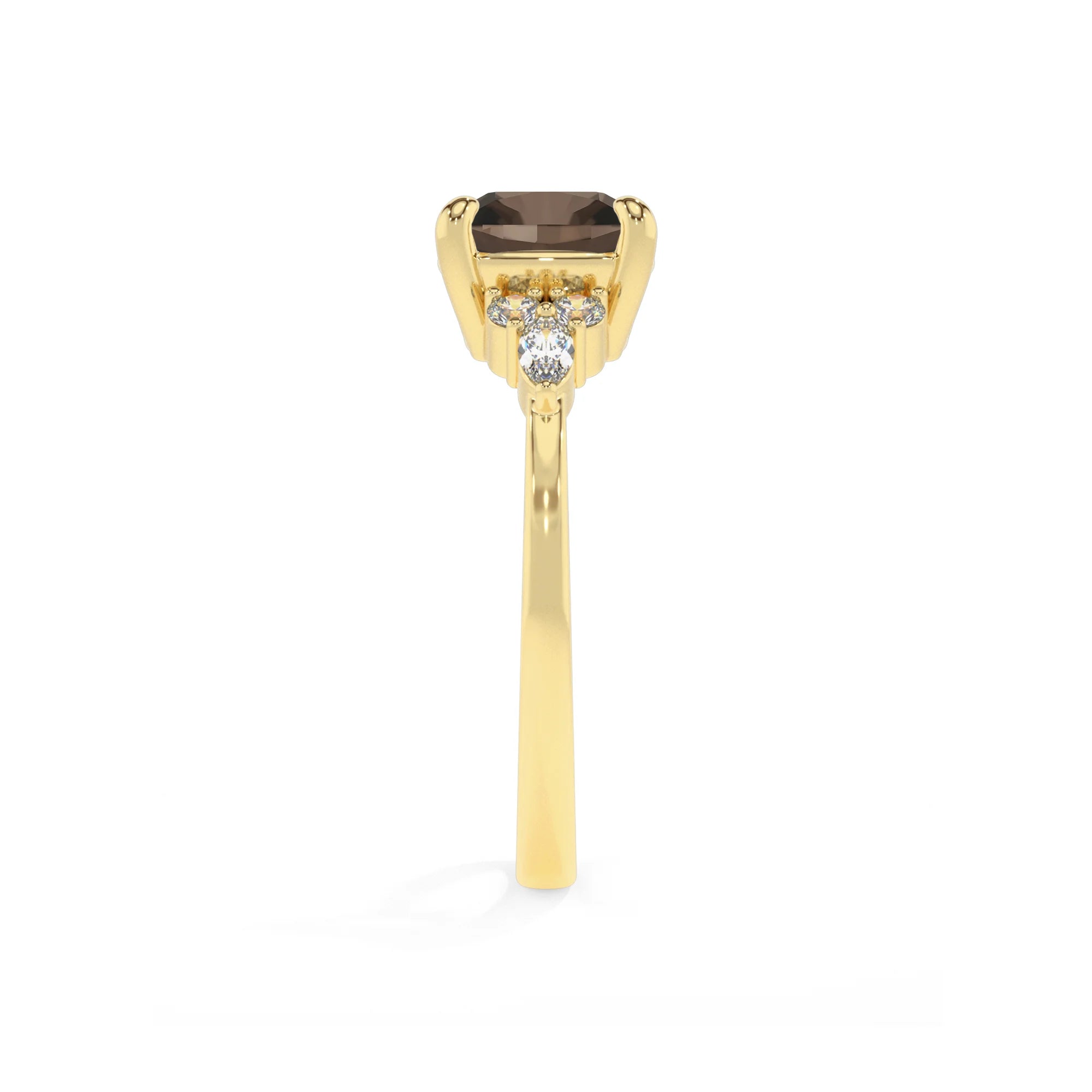 natural smoky-quartz cushion solitaire rings in yellow gold 