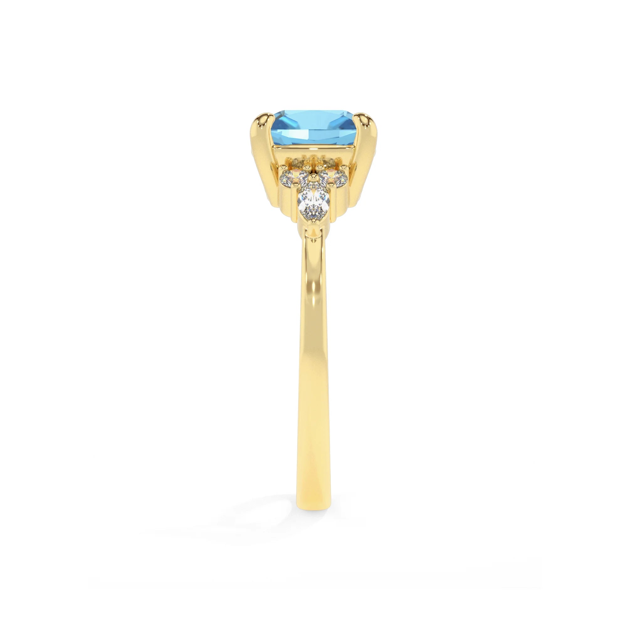 natural swiss-blue-topaz cushion solitaire rings in yellow gold 