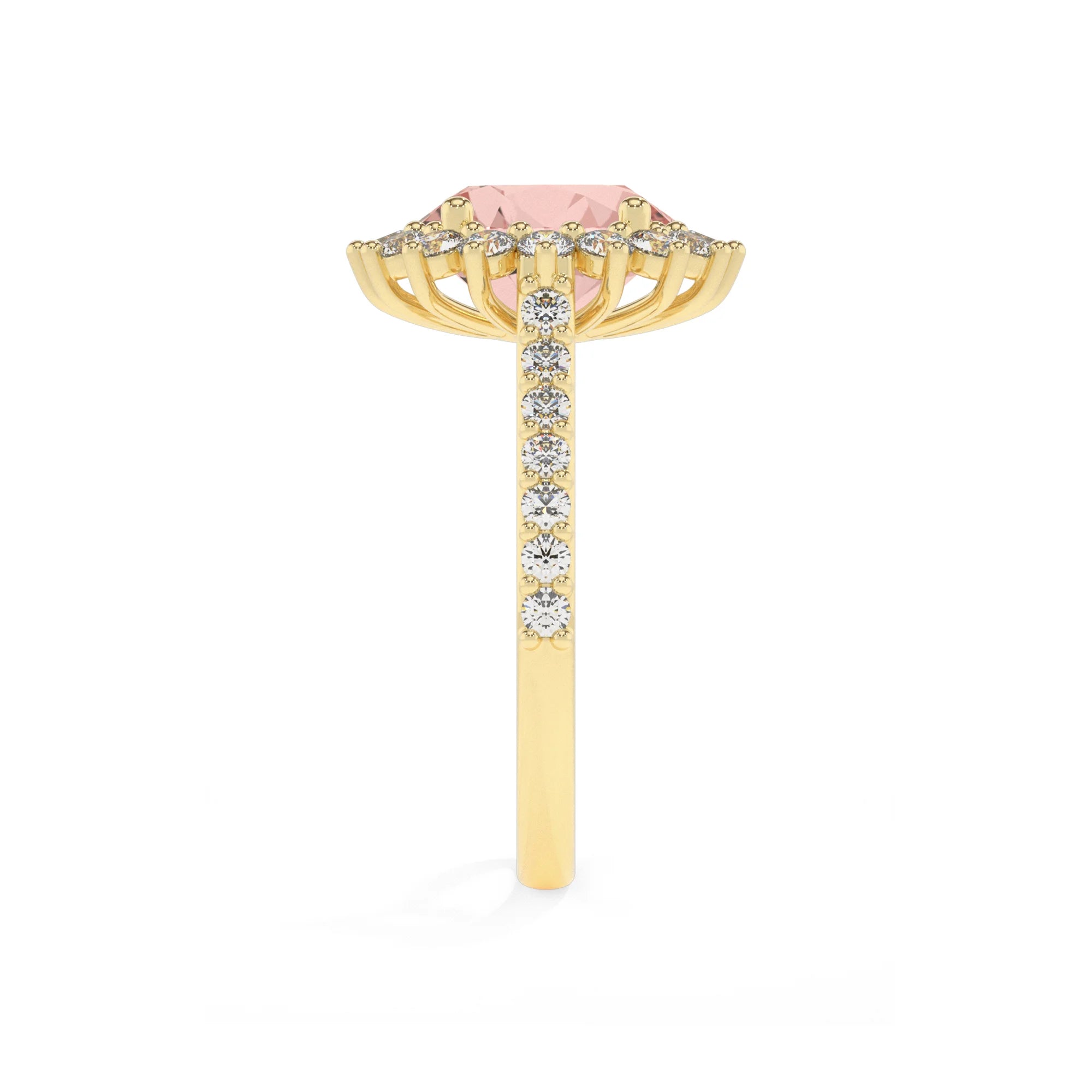 lab grown morganite round solitaire rings in yellow gold 