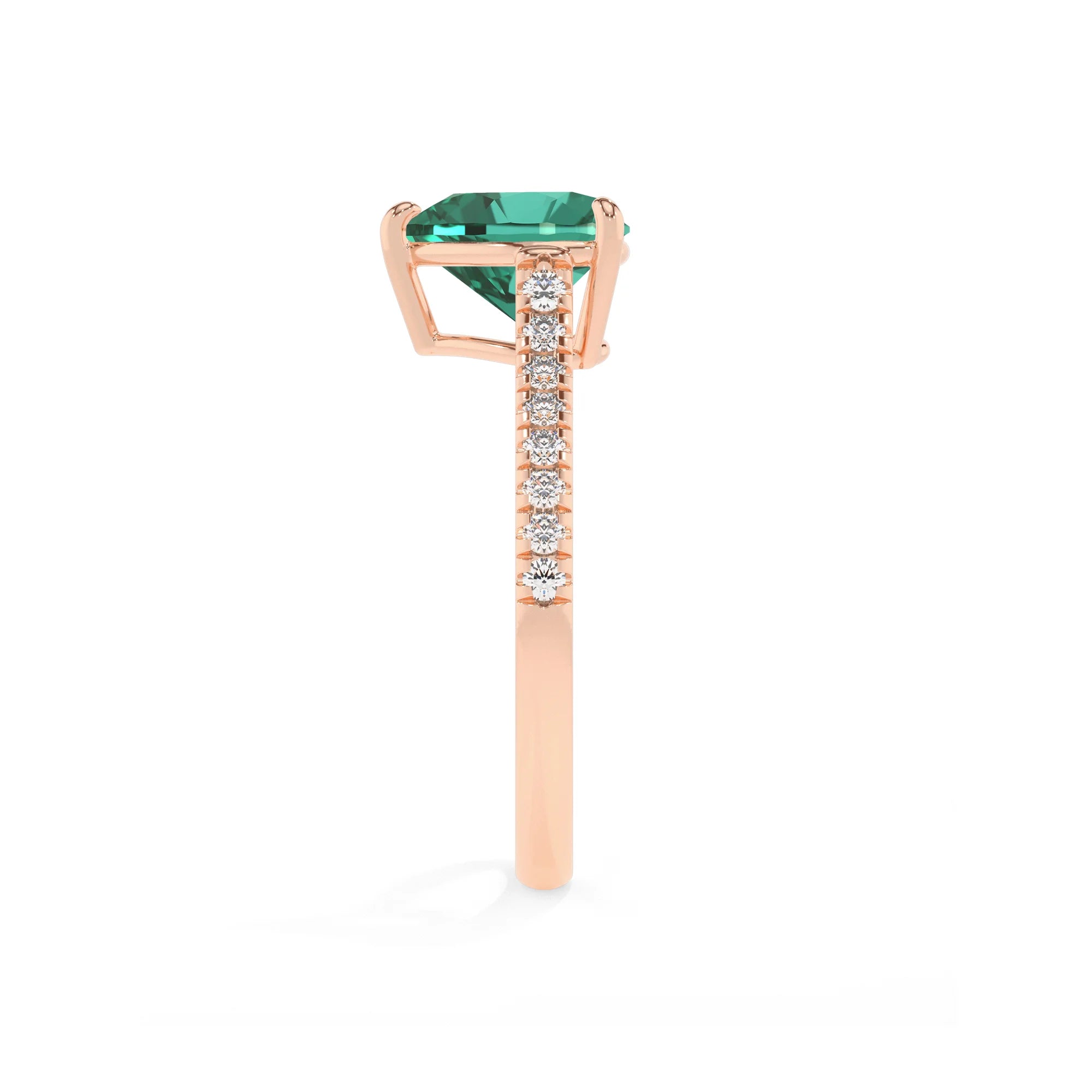 lab grown emerald heart half eternity solitaire engagement rings in rose gold 