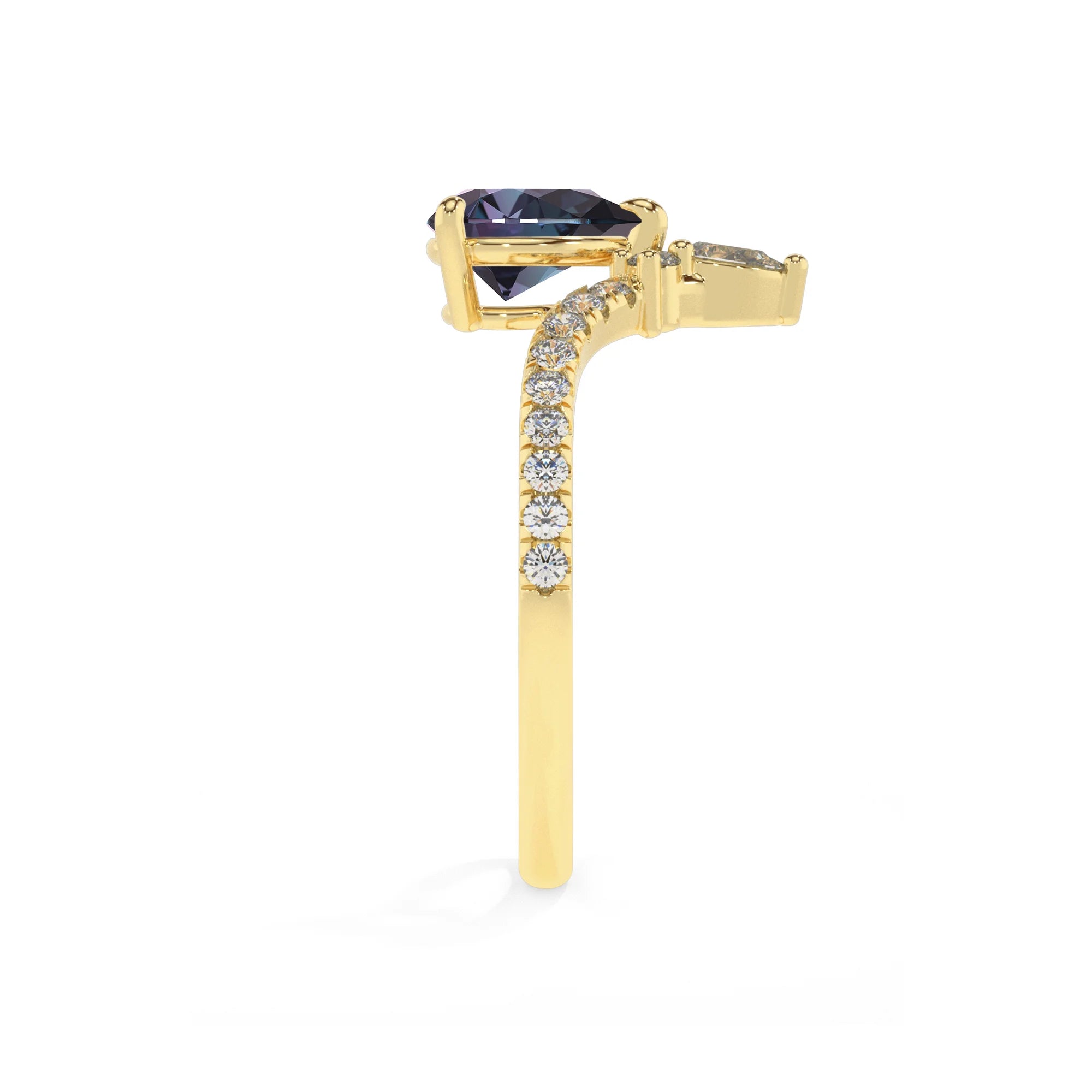 lab grown alexandrite pear solitaire rings in yellow gold 