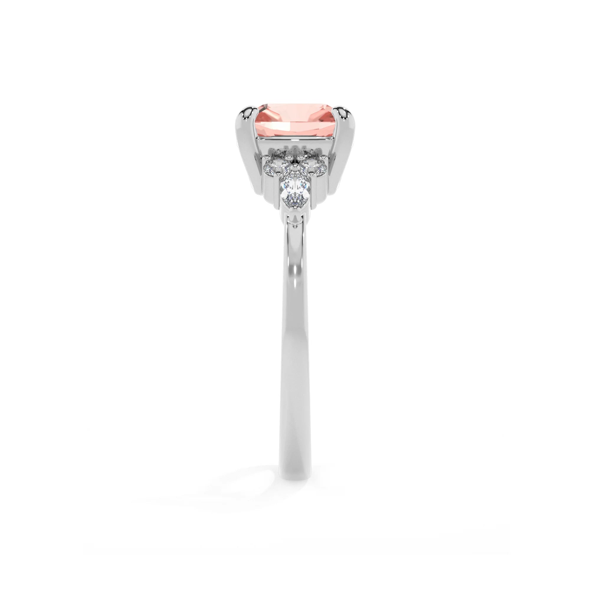 lab grown morganite cushion solitaire rings in white gold 
