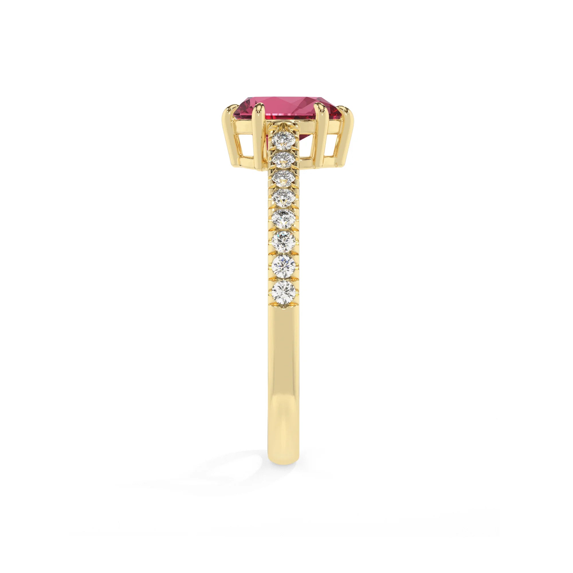 lab grown pink-tourmaline pear half eternity solitaire engagement rings in yellow gold 