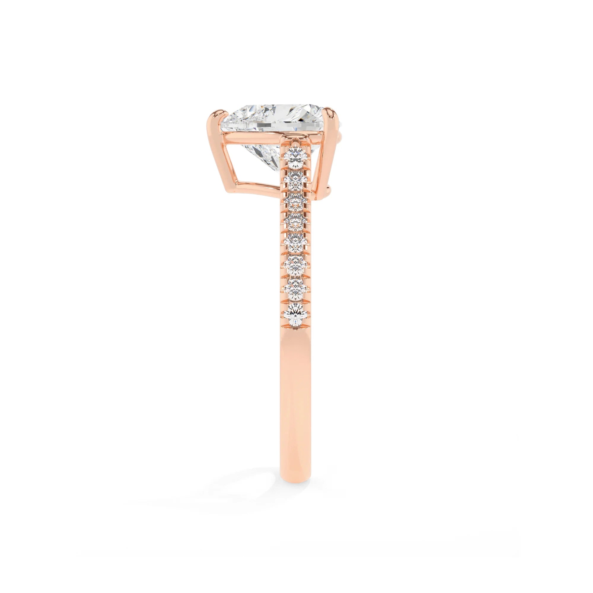 lab grown moissanite heart half eternity solitaire engagement rings in rose gold 