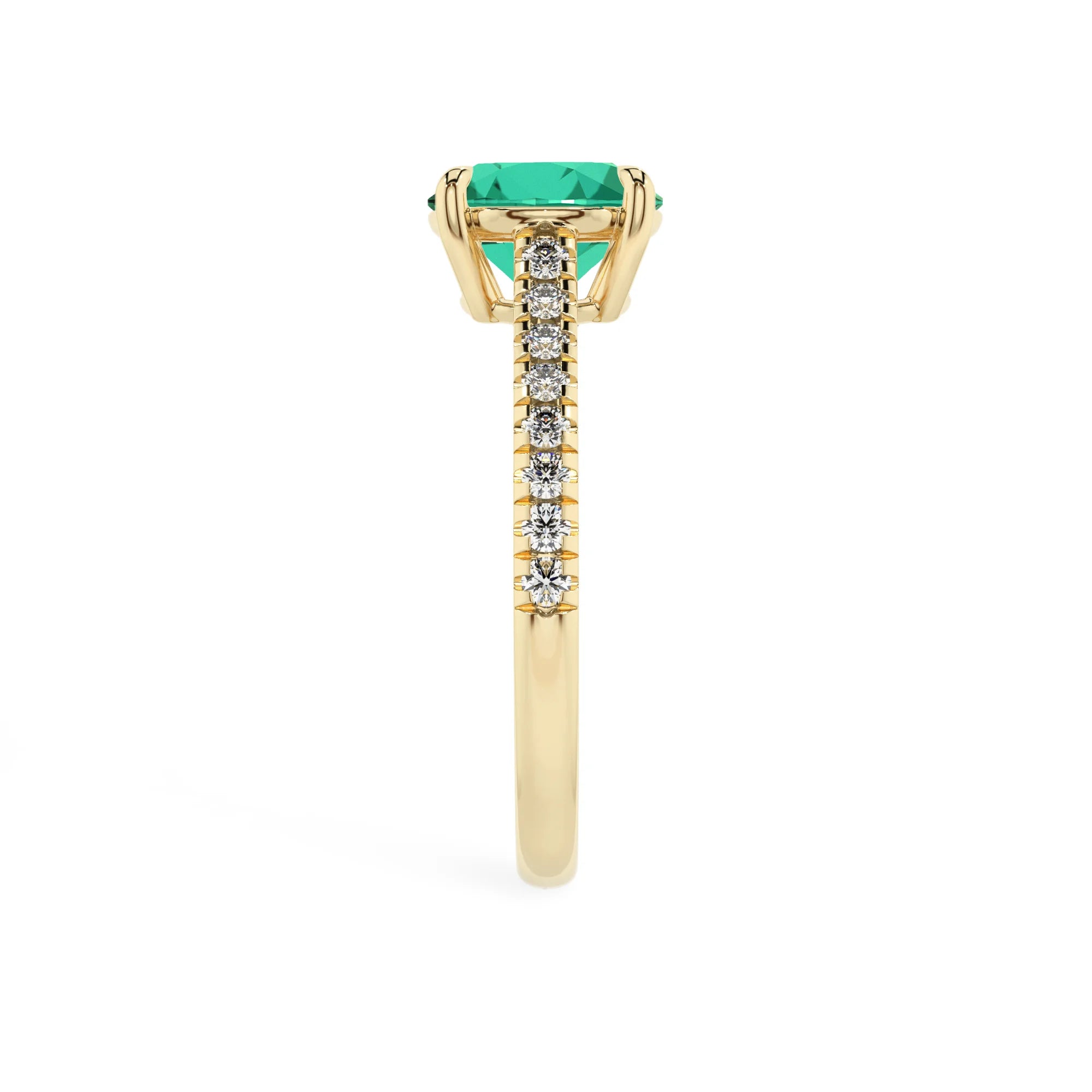 lab grown emerald round half eternity solitaire engagement rings in yellow gold 