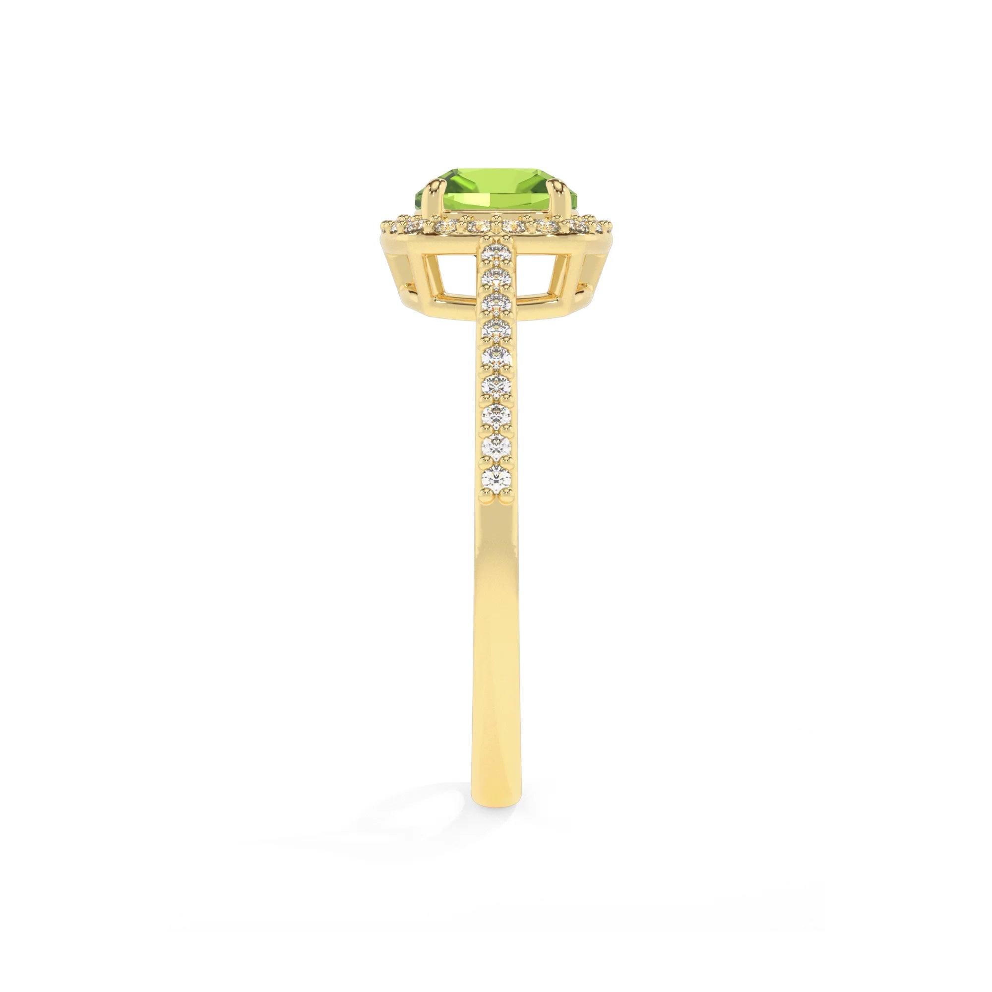 natural peridot cushion solitaire rings in yellow gold 