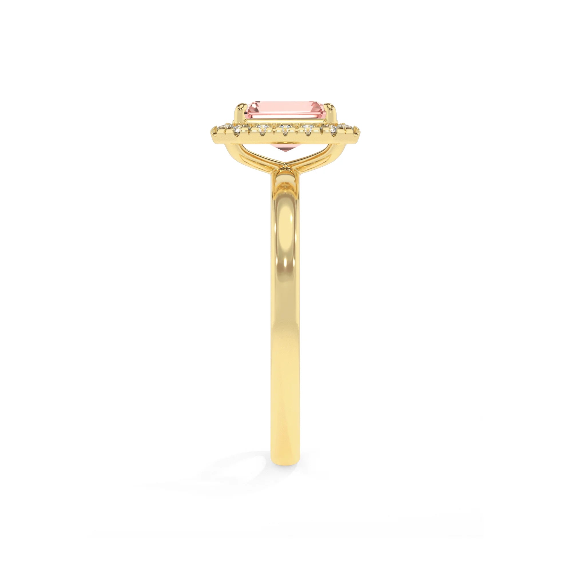 lab grown morganite emerald cut solitaire rings in yellow gold 