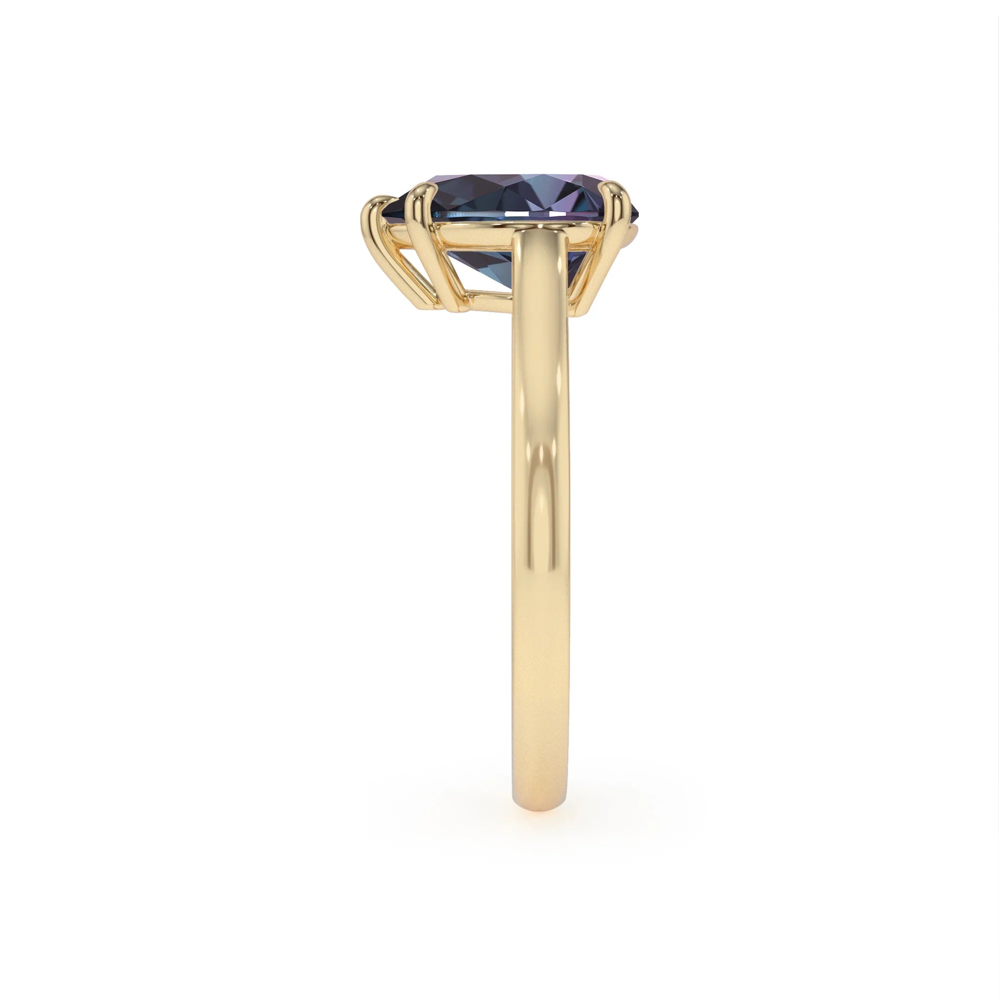 lab grown alexandrite pear solitaire rings in yellow gold 