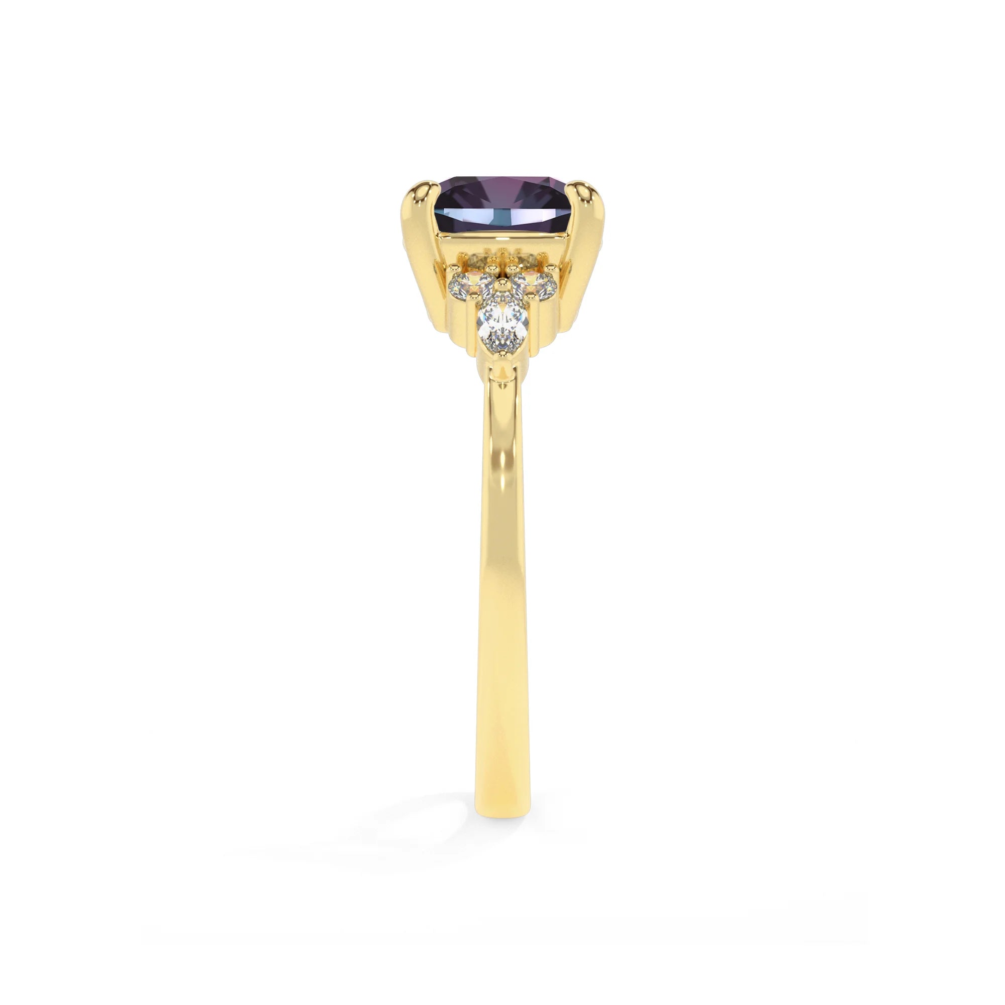 lab grown alexandrite cushion solitaire rings in yellow gold 