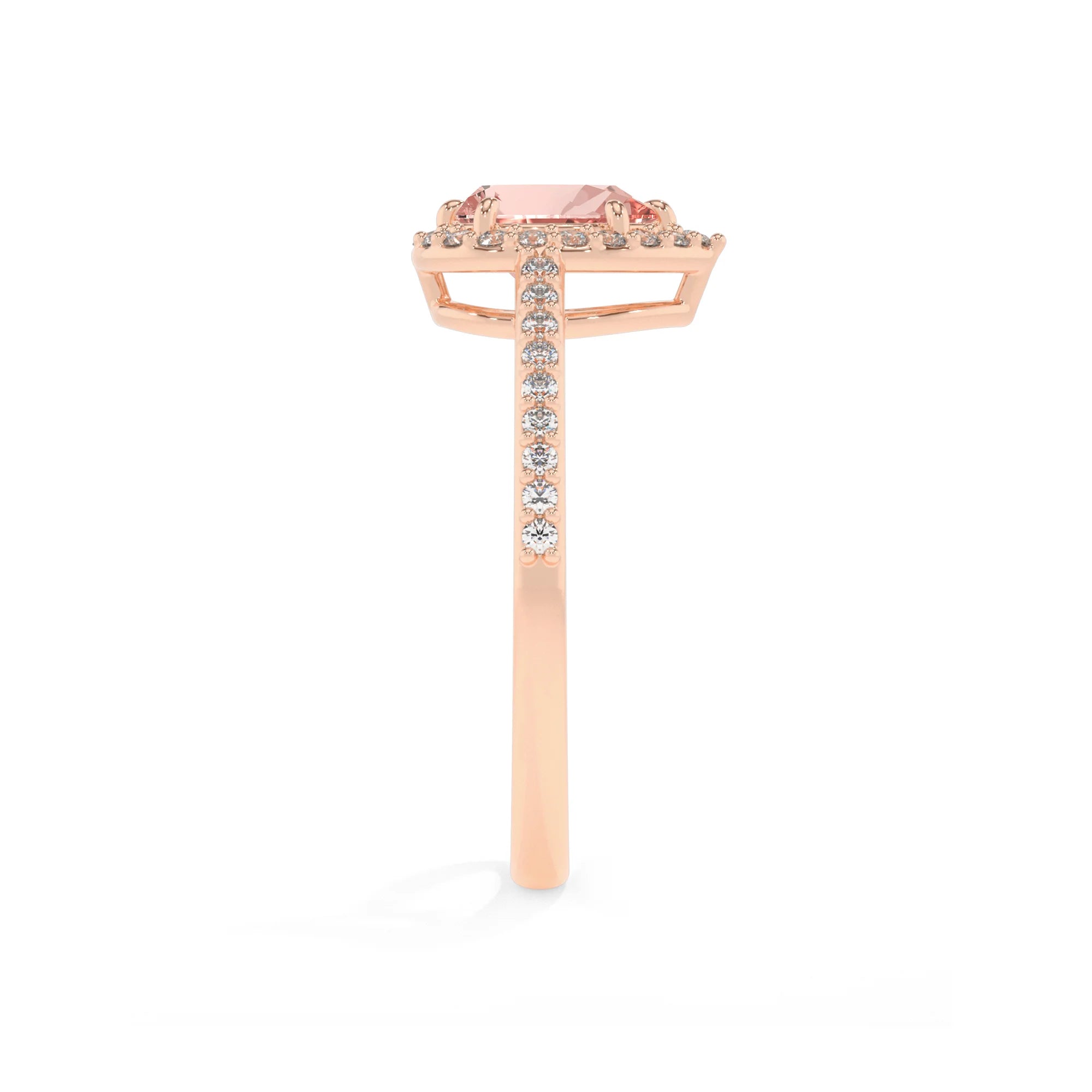 lab grown morganite pear solitaire rings in rose gold 