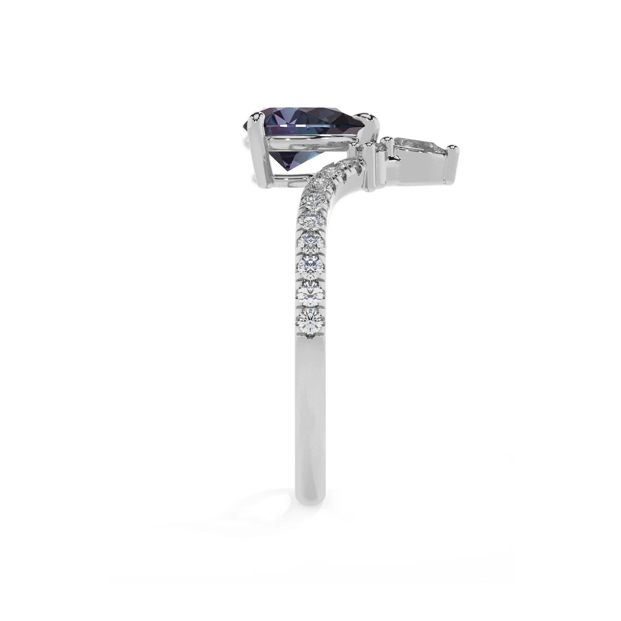 lab grown alexandrite pear solitaire rings in white gold 