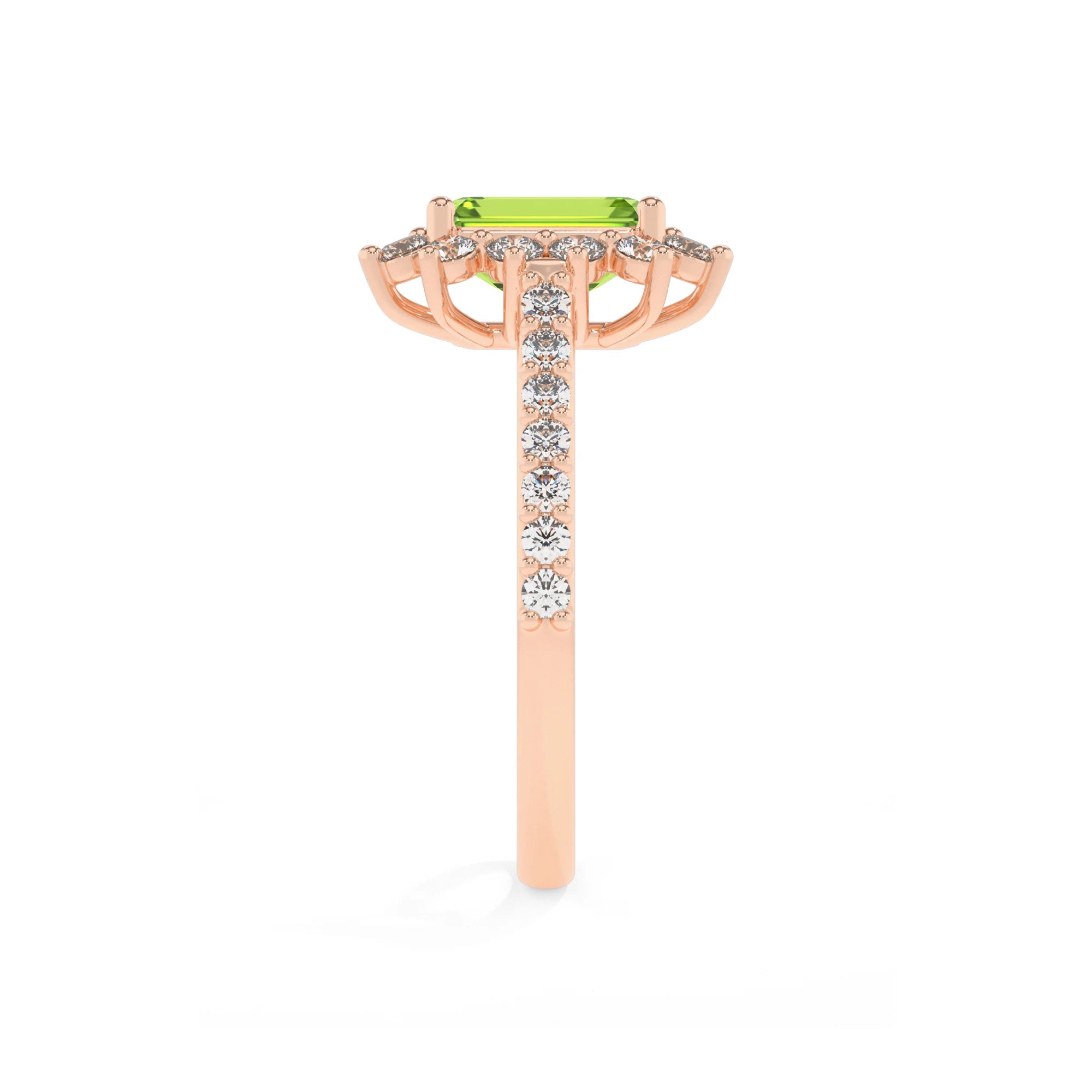 natural peridot emerald cut solitaire rings in rose gold 