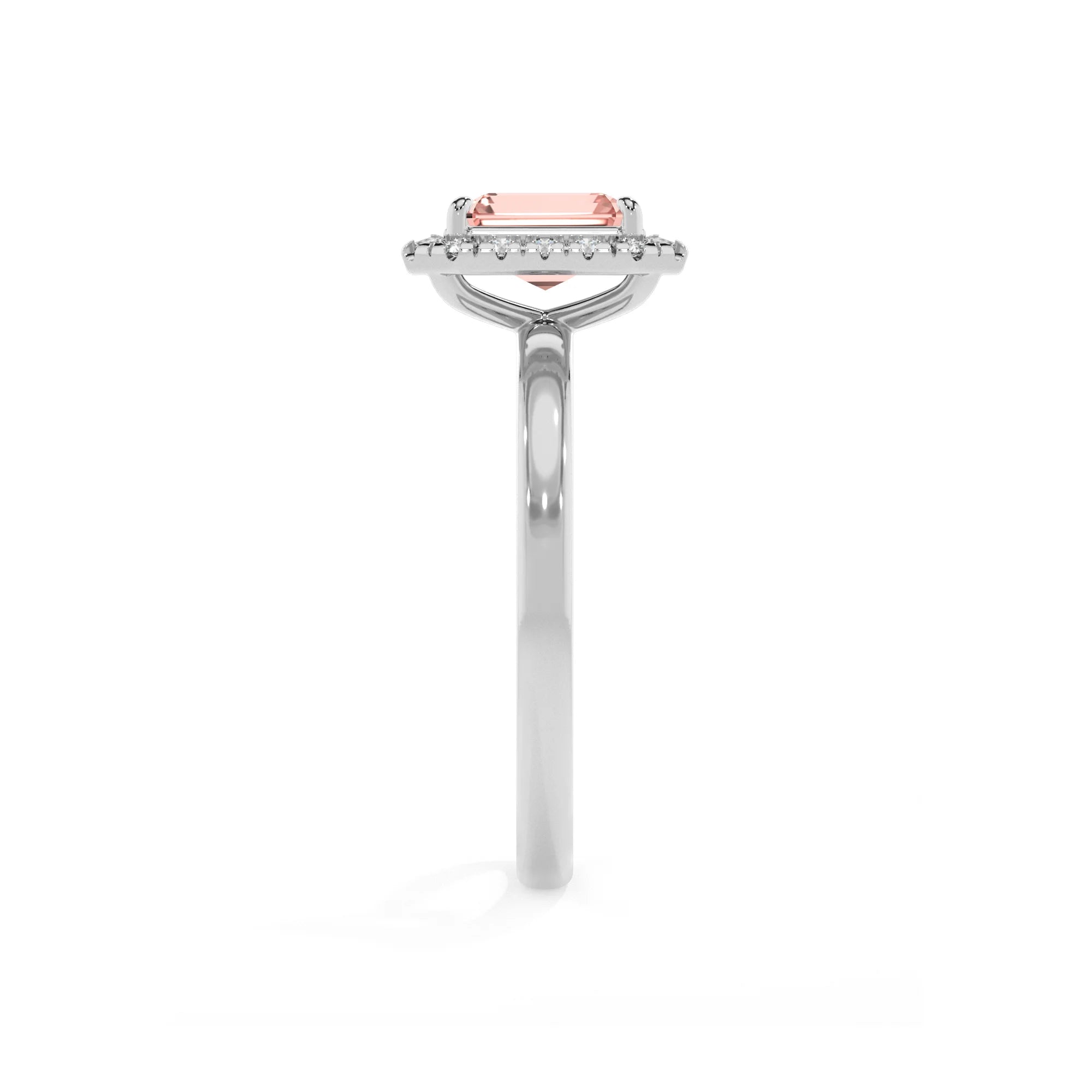 lab grown morganite emerald cut solitaire rings in white gold 