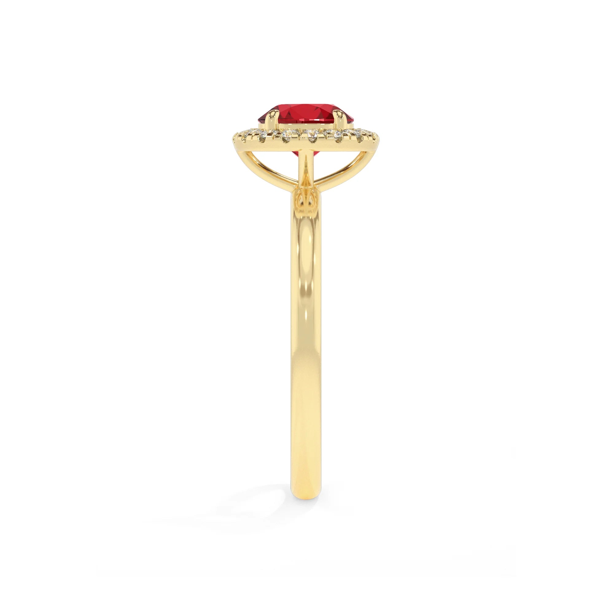 lab grown ruby round solitaire rings in yellow gold 