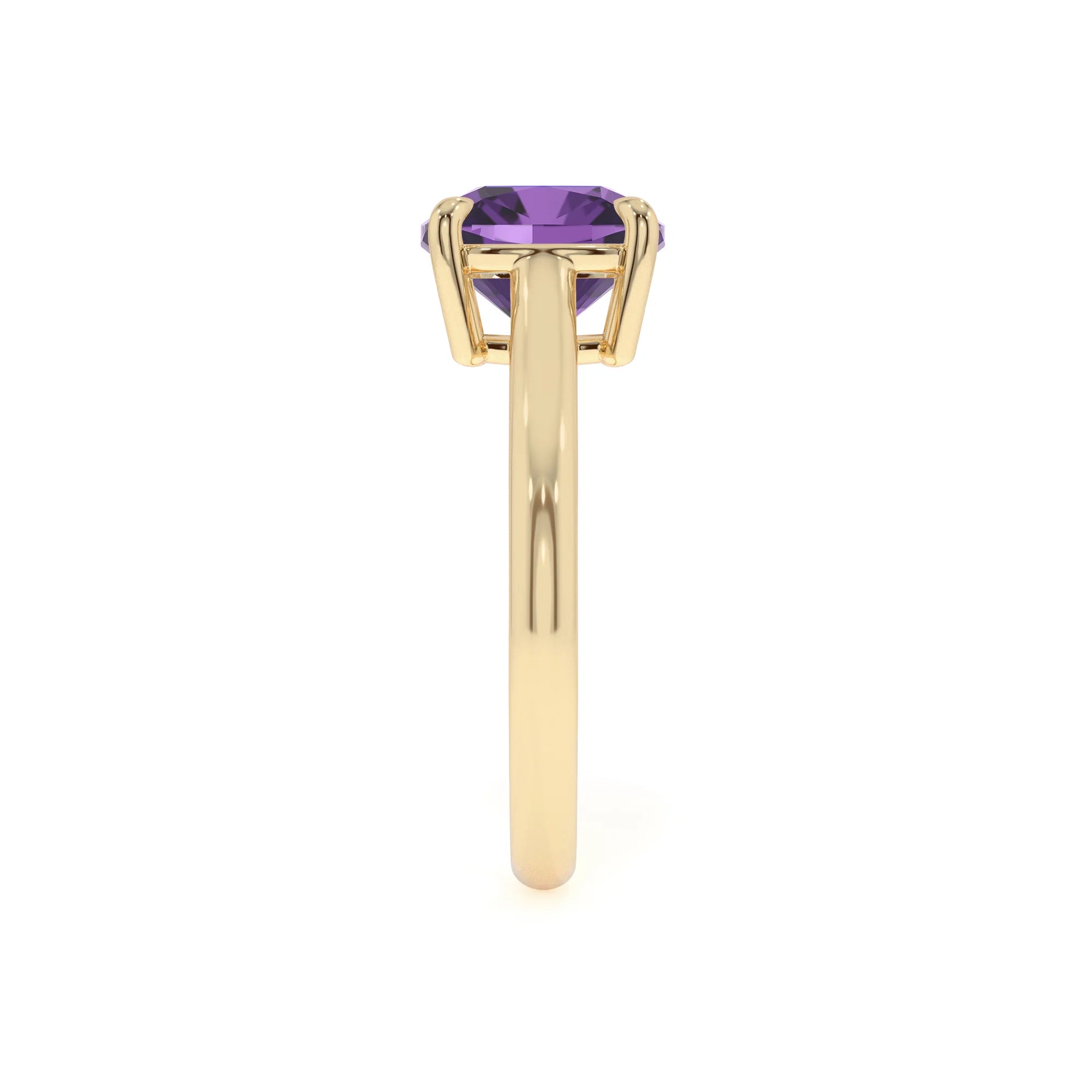 lab grown amethyst cushion solitaire rings in yellow gold 