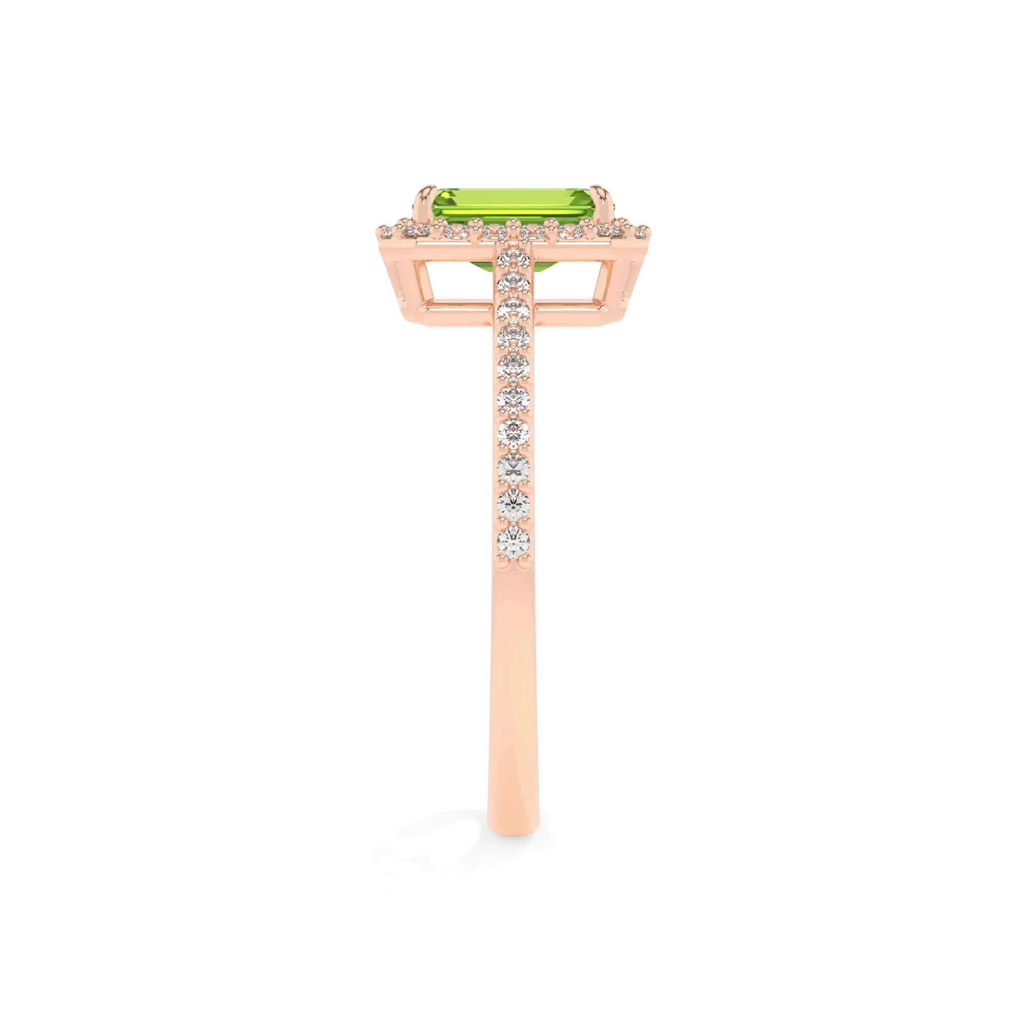 natural peridot emerald cut solitaire rings in rose gold 