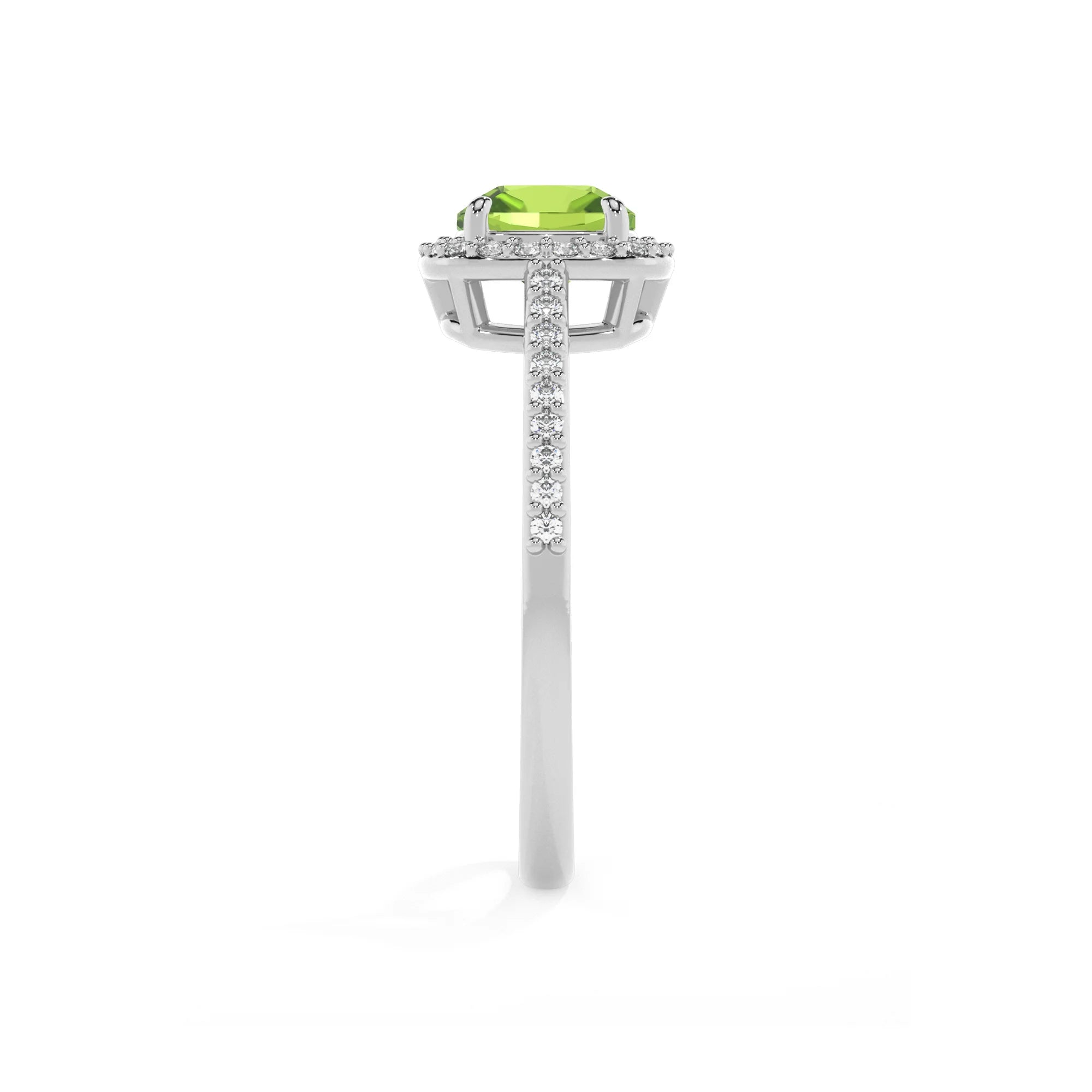 natural peridot cushion solitaire rings in platinum 
