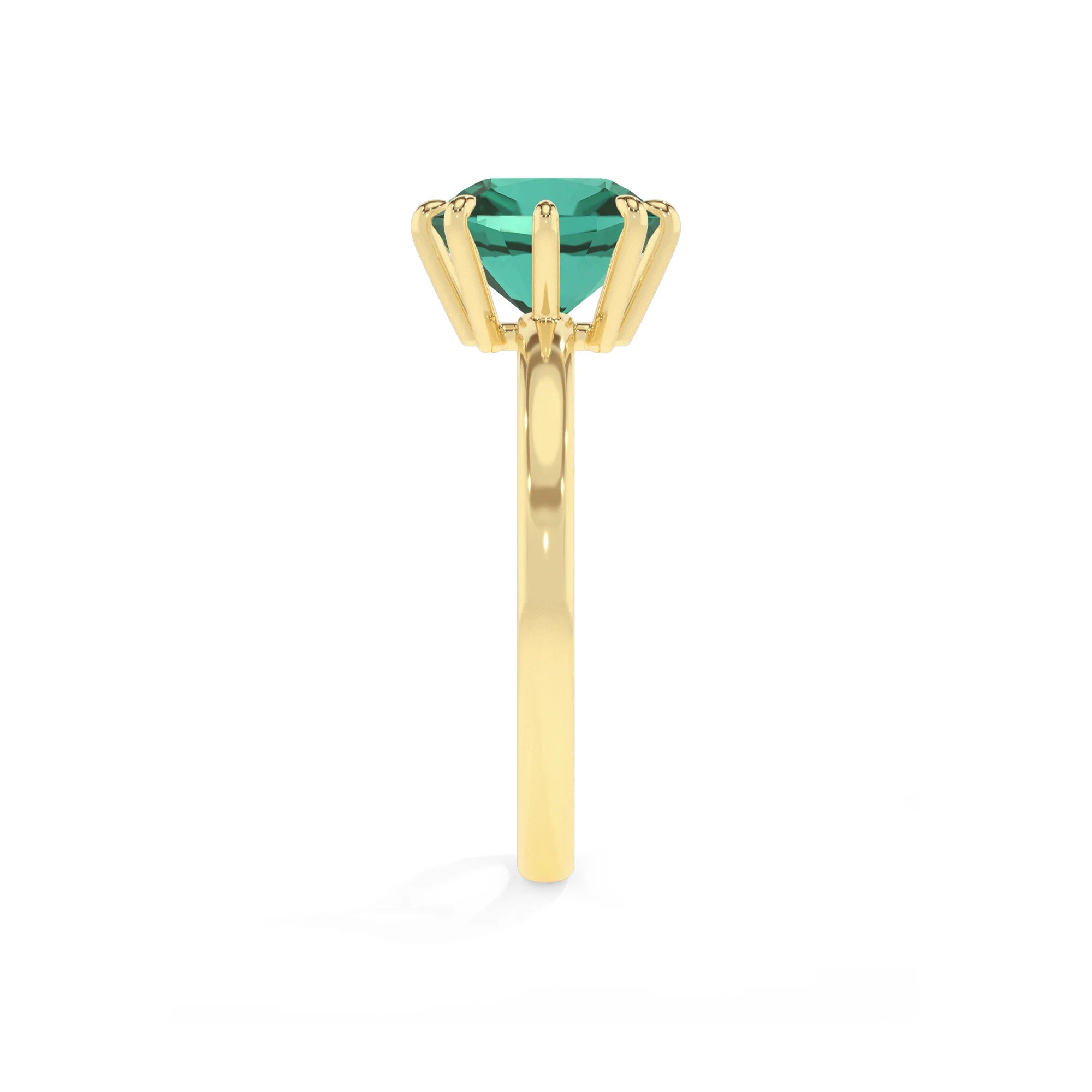 lab grown emerald cushion solitaire rings in yellow gold 