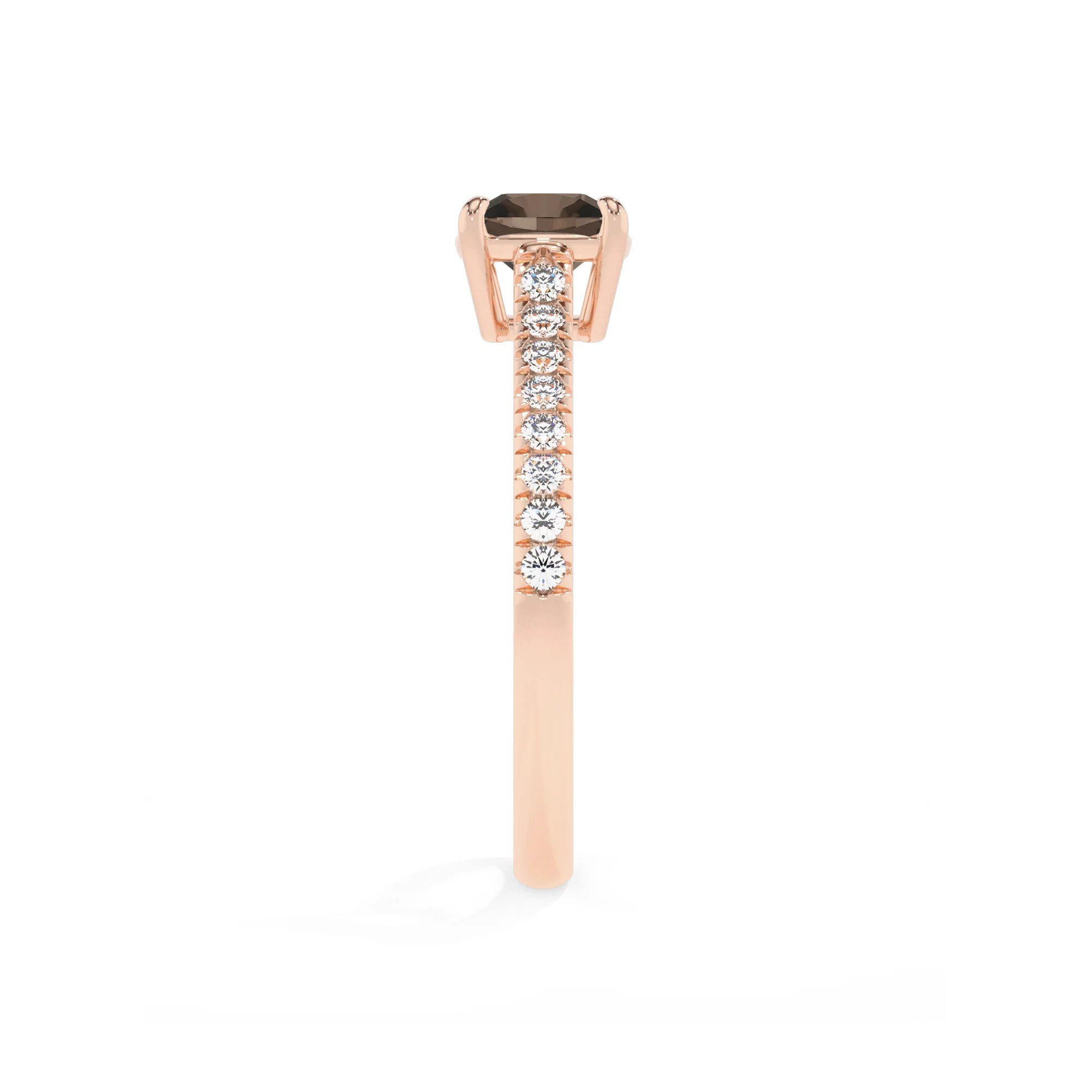 natural smoky-quartz cushion half eternity solitaire engagement rings in rose gold 