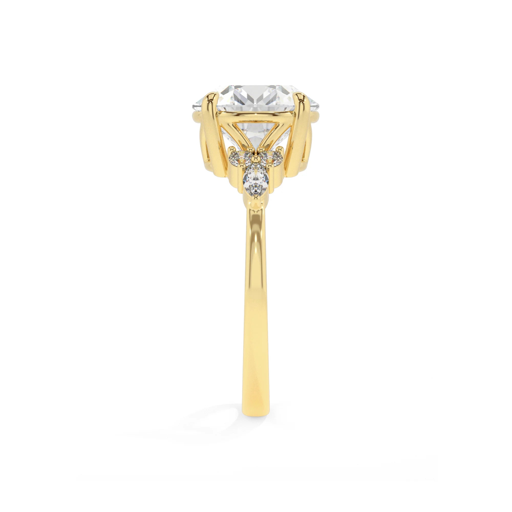 lab grown moissanite round solitaire rings in yellow gold 