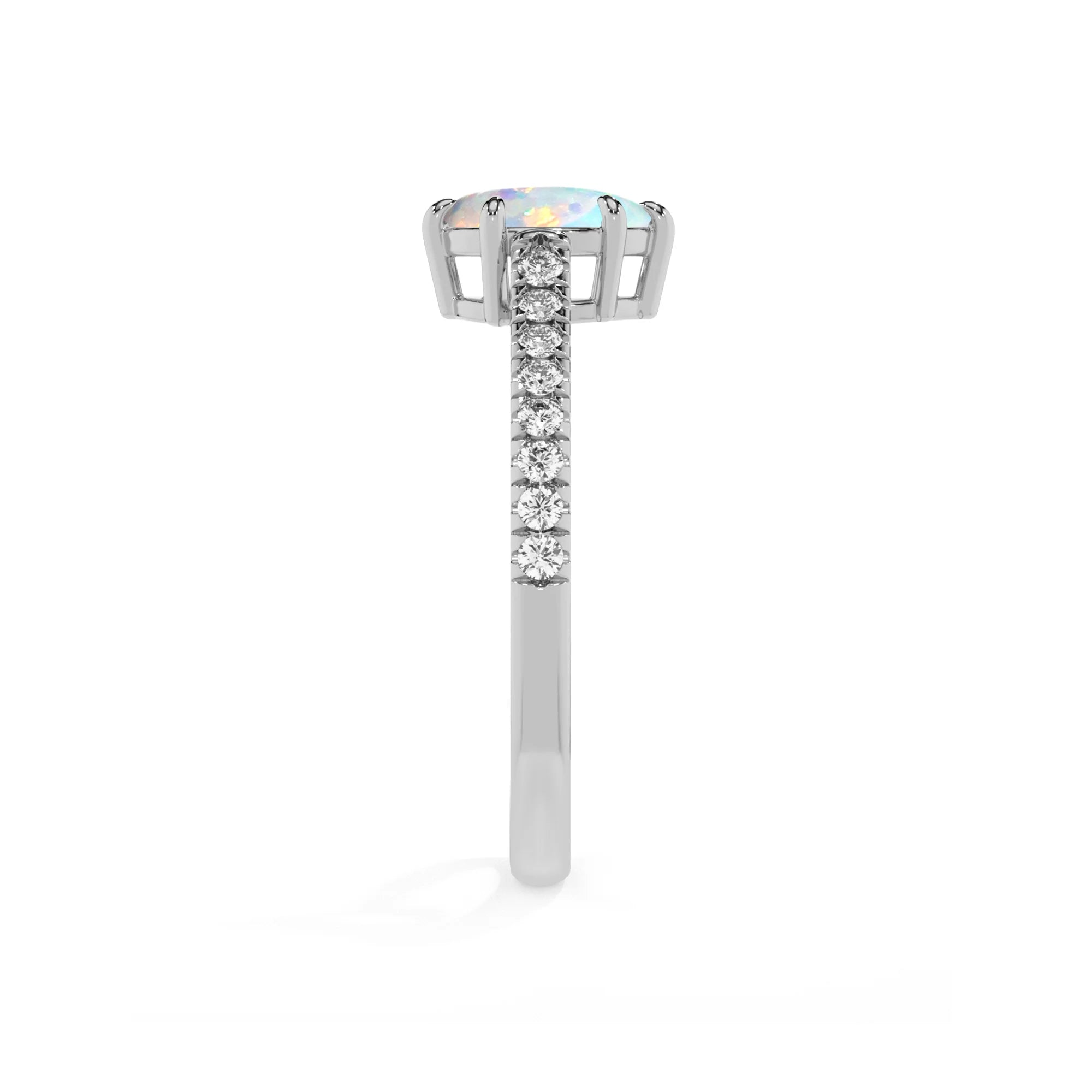 lab grown opal pear half eternity solitaire engagement rings in white gold 