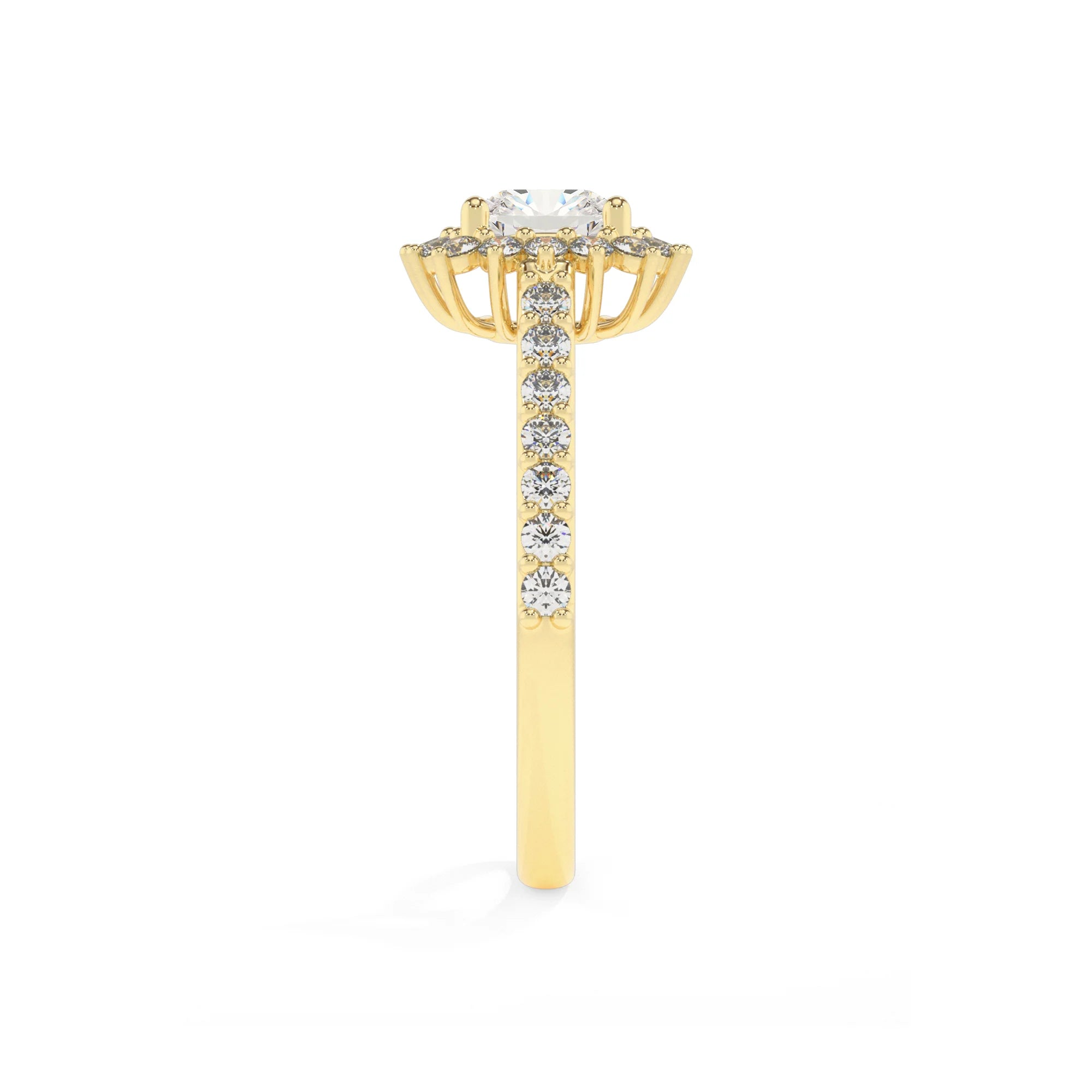 lab grown moissanite cushion solitaire rings in yellow gold 