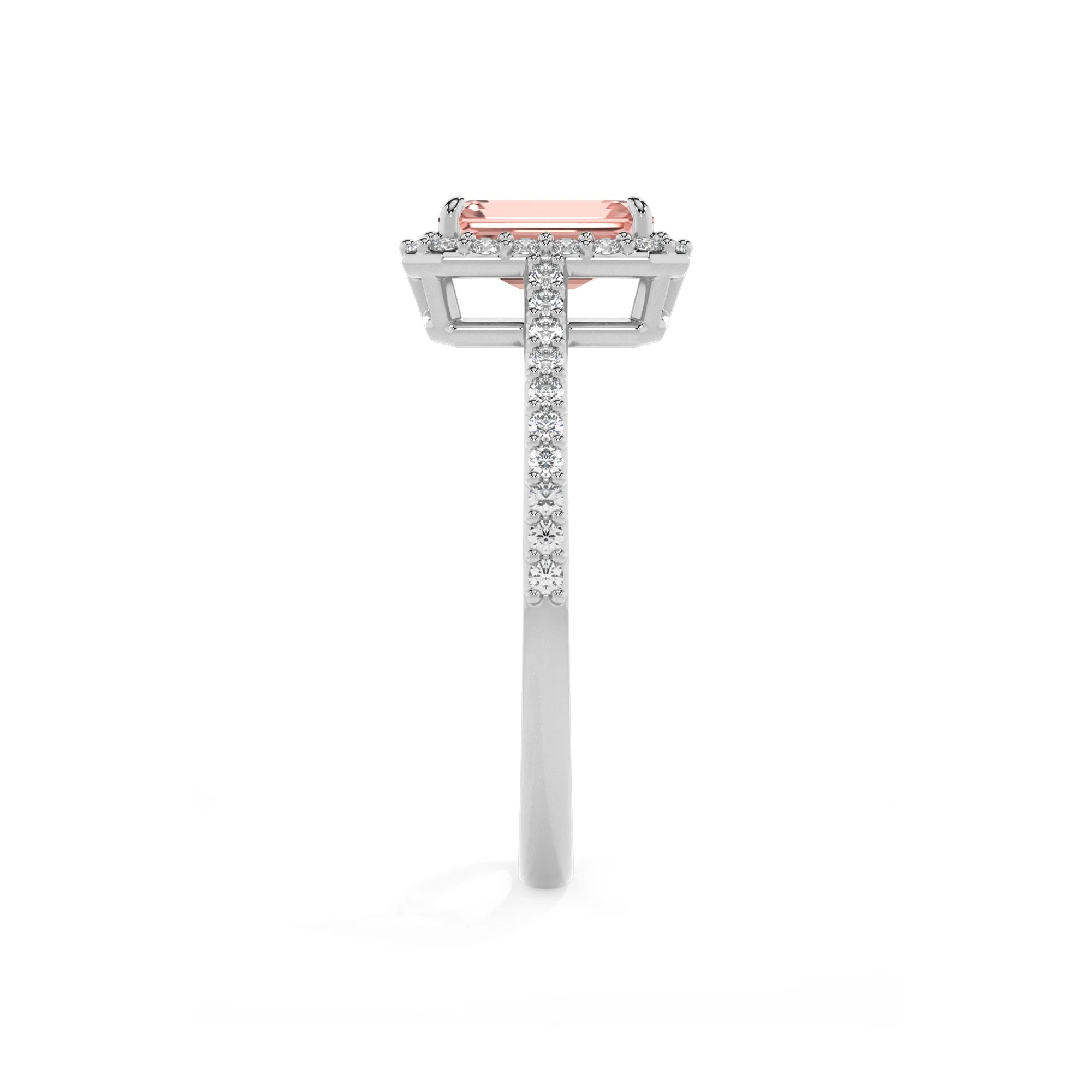 lab grown morganite emerald cut solitaire rings in sterling silver 