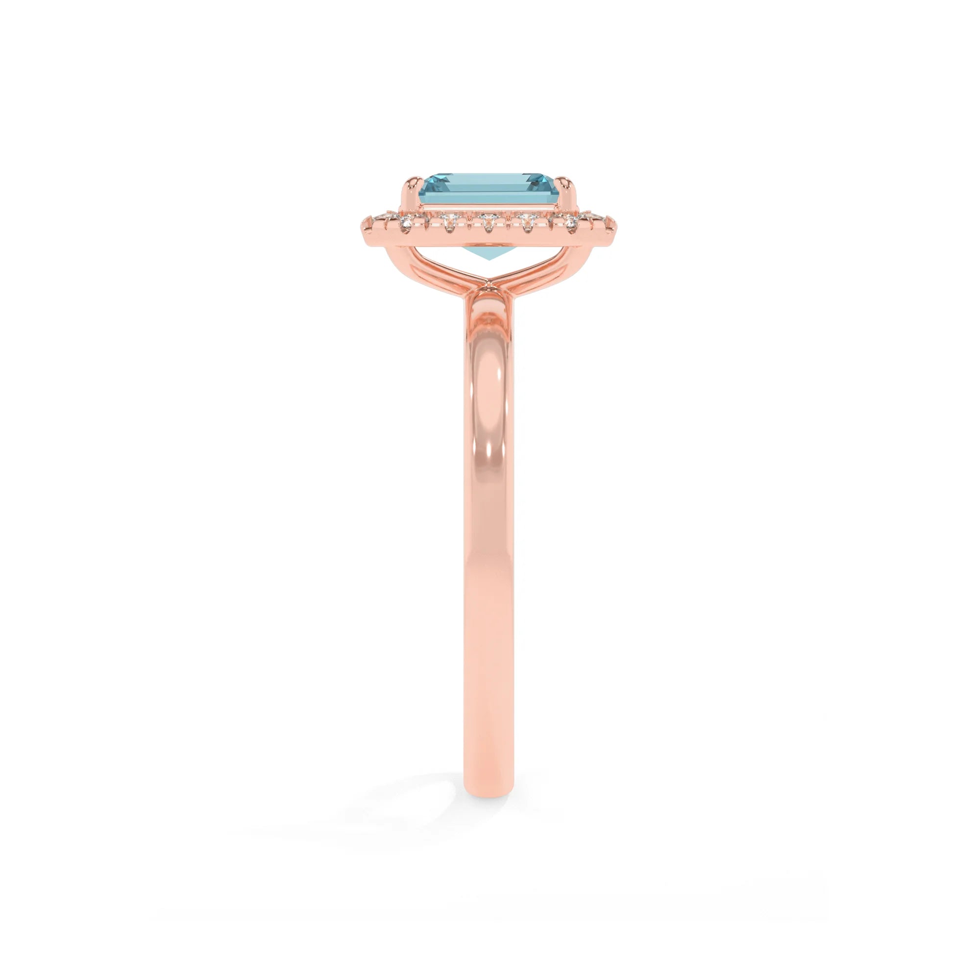 lab grown aquamarine emerald cut solitaire rings in rose gold 