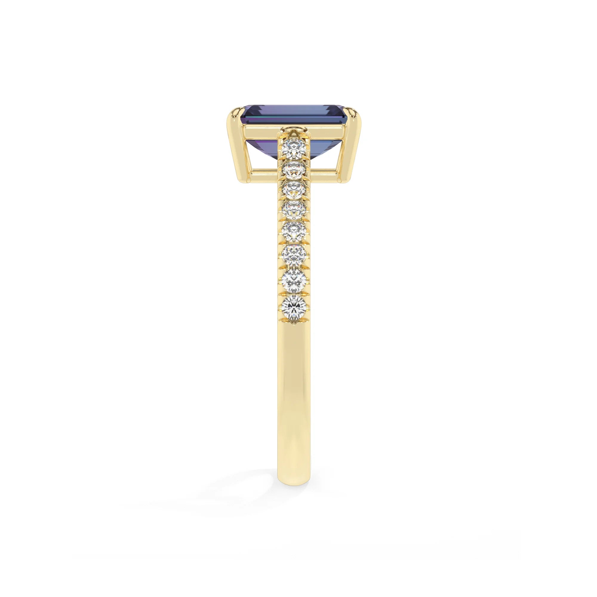 lab grown alexandrite emerald cut half eternity solitaire engagement rings in yellow gold 