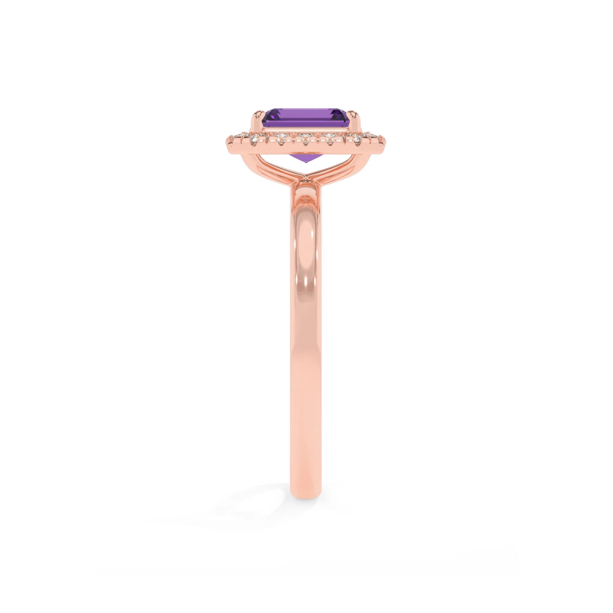 lab grown amethyst emerald cut solitaire rings in rose gold 